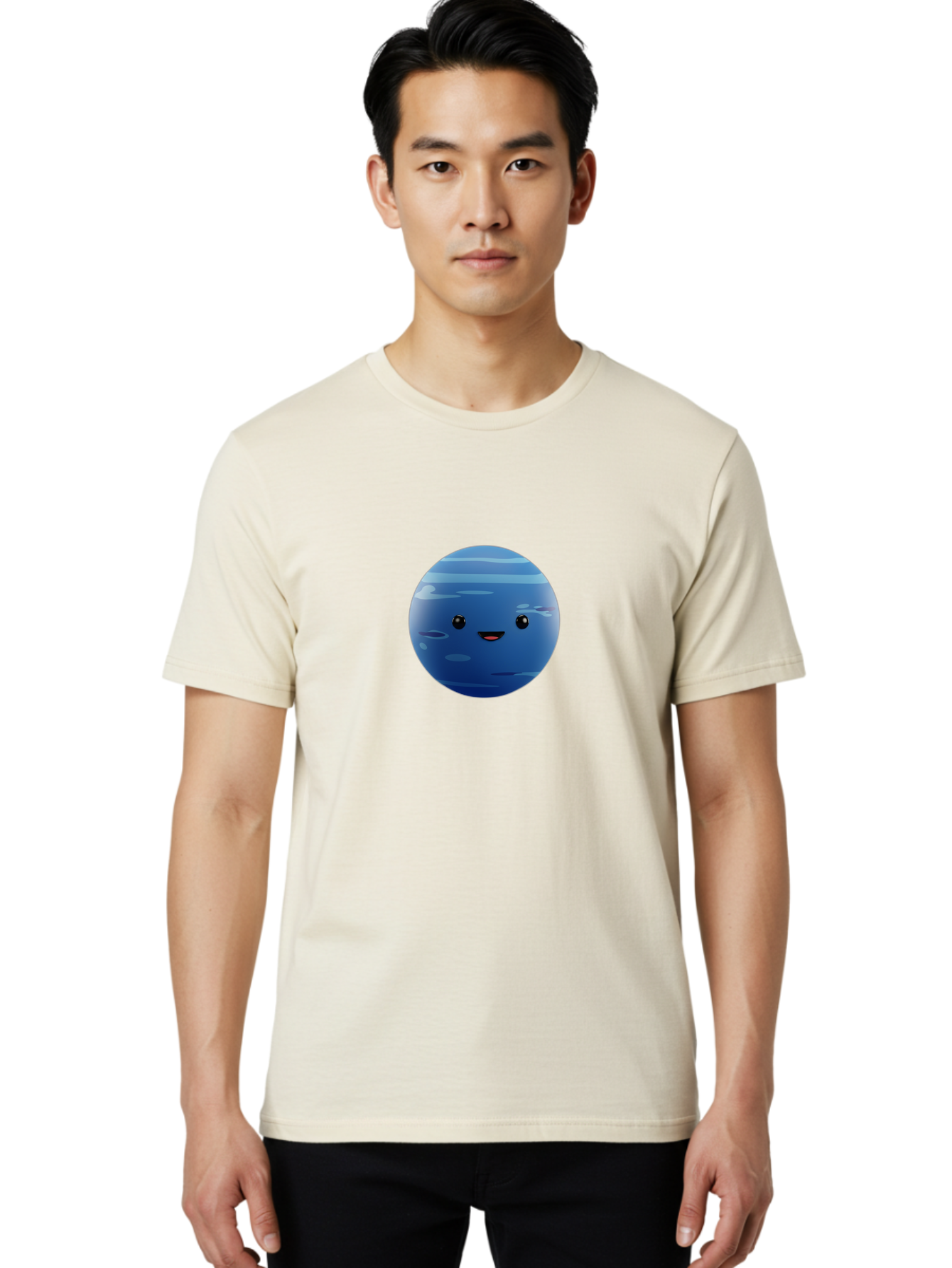Neptune Men'S Graphic Tee, 100% Cotton, Comfortable Casual Summer Wear, Machine Washable, Cartoon Neptune, Smiling Planet, Blue Planet, Gas Giant, Solar System, Cartoon Character, Astronomy, Space Bad362