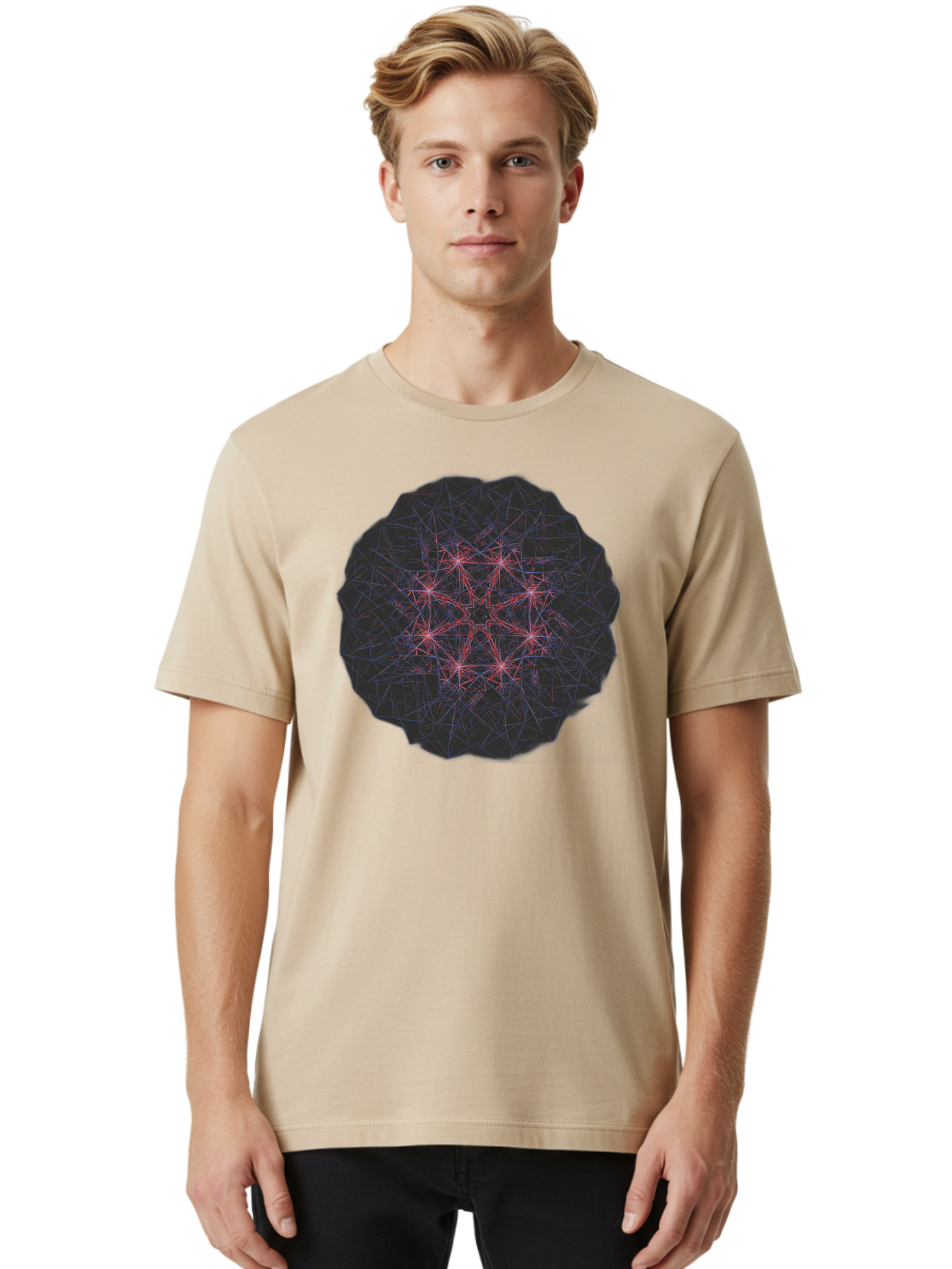 Network-Cluster Men'S Graphic Tee, 100% Cotton, Comfortable Casual Summer Wear, Machine Washable, Complex Network, Interconnected Nodes, Red And Blue Lines, Futuristic Design, Abstract Pattern, Web-Like Structure, Technological Innovation, Bad363