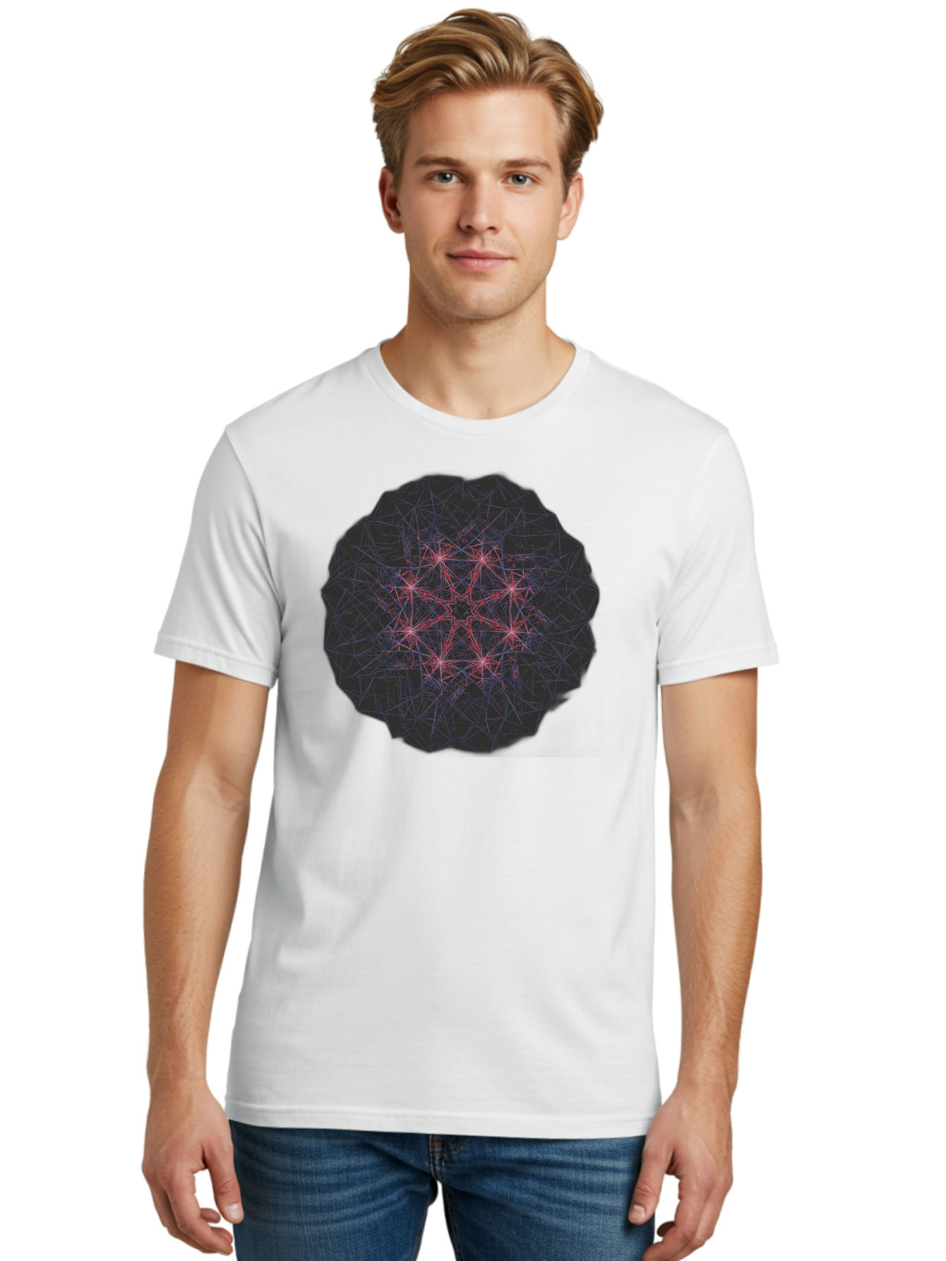 Network-Cluster Men'S Graphic Tee, 100% Cotton, Comfortable Casual Summer Wear, Machine Washable, Complex Network, Interconnected Nodes, Red And Blue Lines, Futuristic Design, Abstract Pattern, Web-Like Structure, Technological Innovation, Bad363