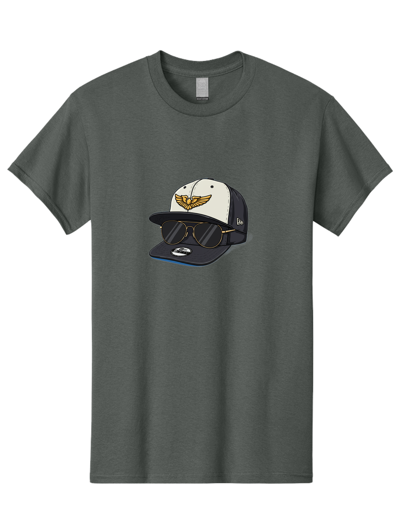 New-Era-Baseball-Cap-1 Men'S Graphic Tee, 100% Cotton, Comfortable Casual Summer Wear, Machine Washable, Baseball Cap, New Era Logo, Gold Eagle Emblem, Sunglasses, Gold Aviators, Stylish Accessories, Fashion Hat, Casual Wear, Streetwear, Bad364