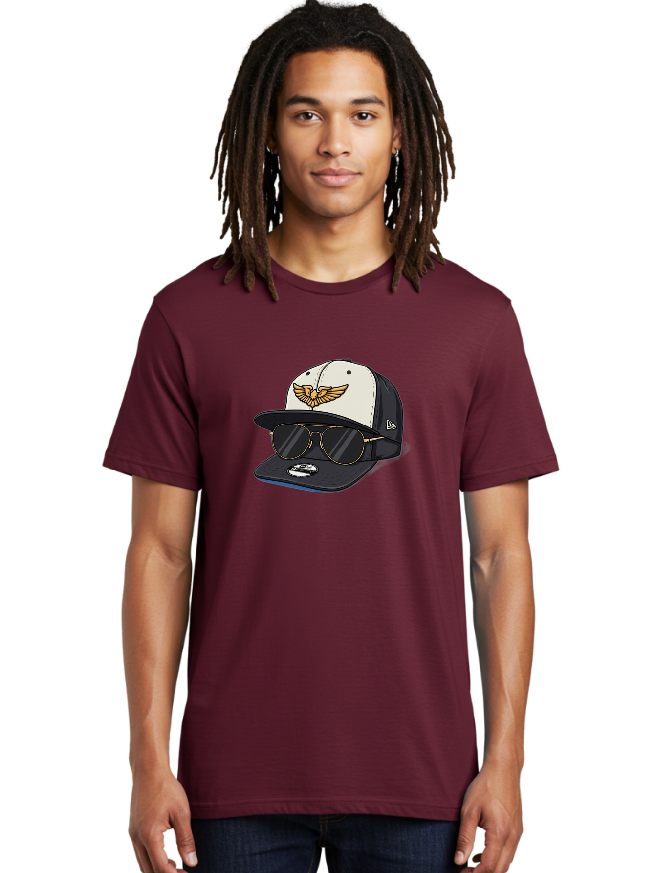 New-Era-Baseball-Cap-1 Men'S Graphic Tee, 100% Cotton, Comfortable Casual Summer Wear, Machine Washable, Baseball Cap, New Era Logo, Gold Eagle Emblem, Sunglasses, Gold Aviators, Stylish Accessories, Fashion Hat, Casual Wear, Streetwear, Bad364