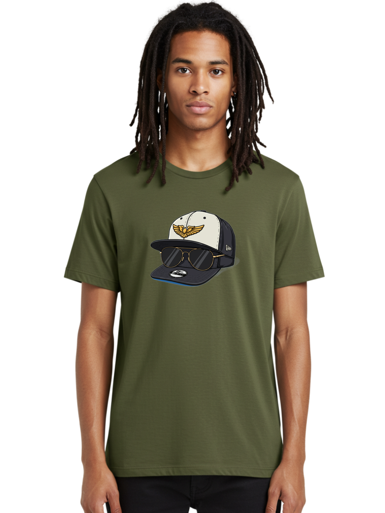 New-Era-Baseball-Cap-1 Men'S Graphic Tee, 100% Cotton, Comfortable Casual Summer Wear, Machine Washable, Baseball Cap, New Era Logo, Gold Eagle Emblem, Sunglasses, Gold Aviators, Stylish Accessories, Fashion Hat, Casual Wear, Streetwear, Bad364