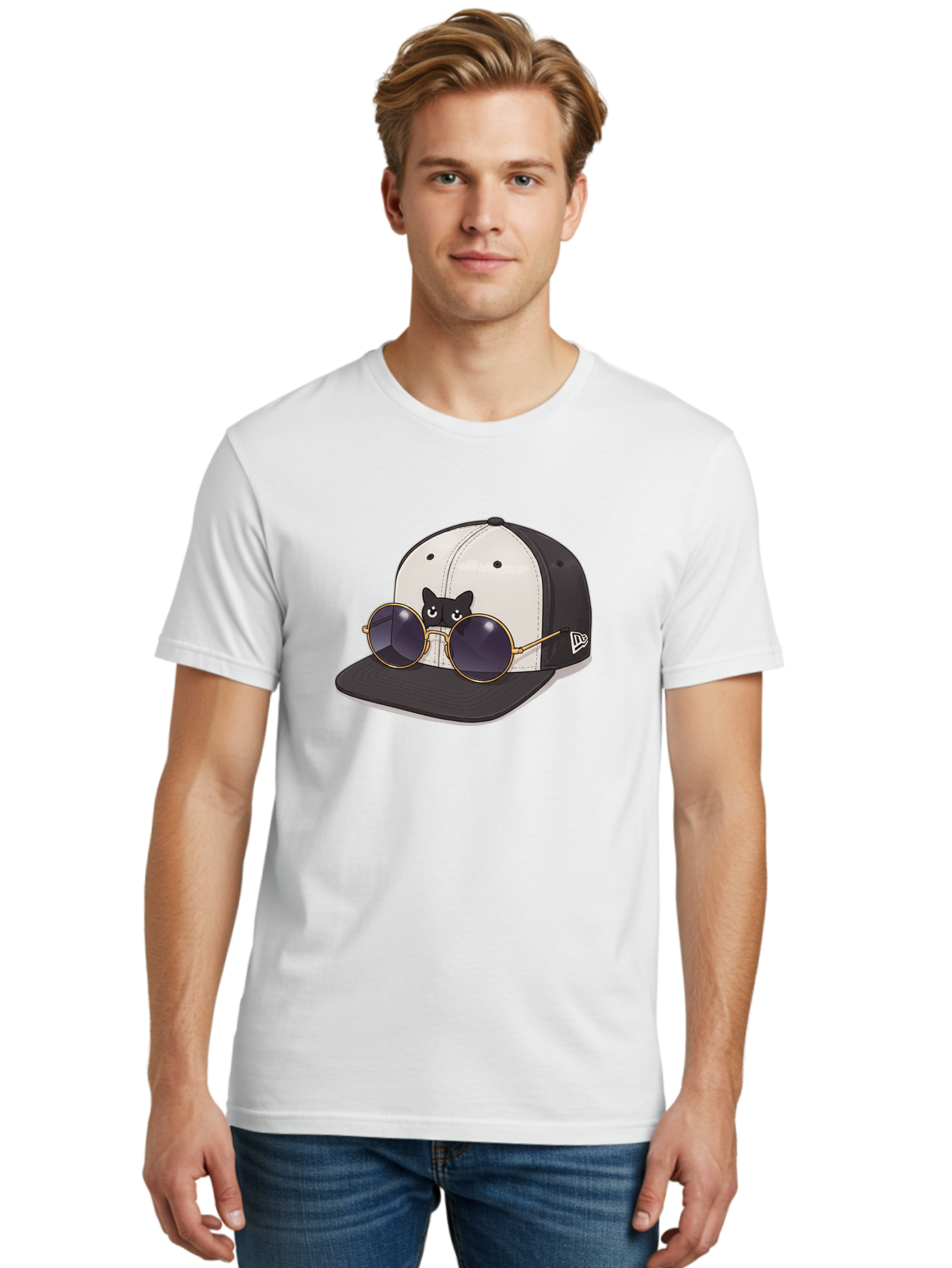 New-Era-Baseball-Cap Men'S Graphic Tee, 100% Cotton, Comfortable Casual Summer Wear, Machine Washable, Black And White Baseball Cap, New Era Logo, Cool Cat Design, Gold Aviator Sunglasses, Trendy Fashion Accessory, Stylish Hat, Bad365