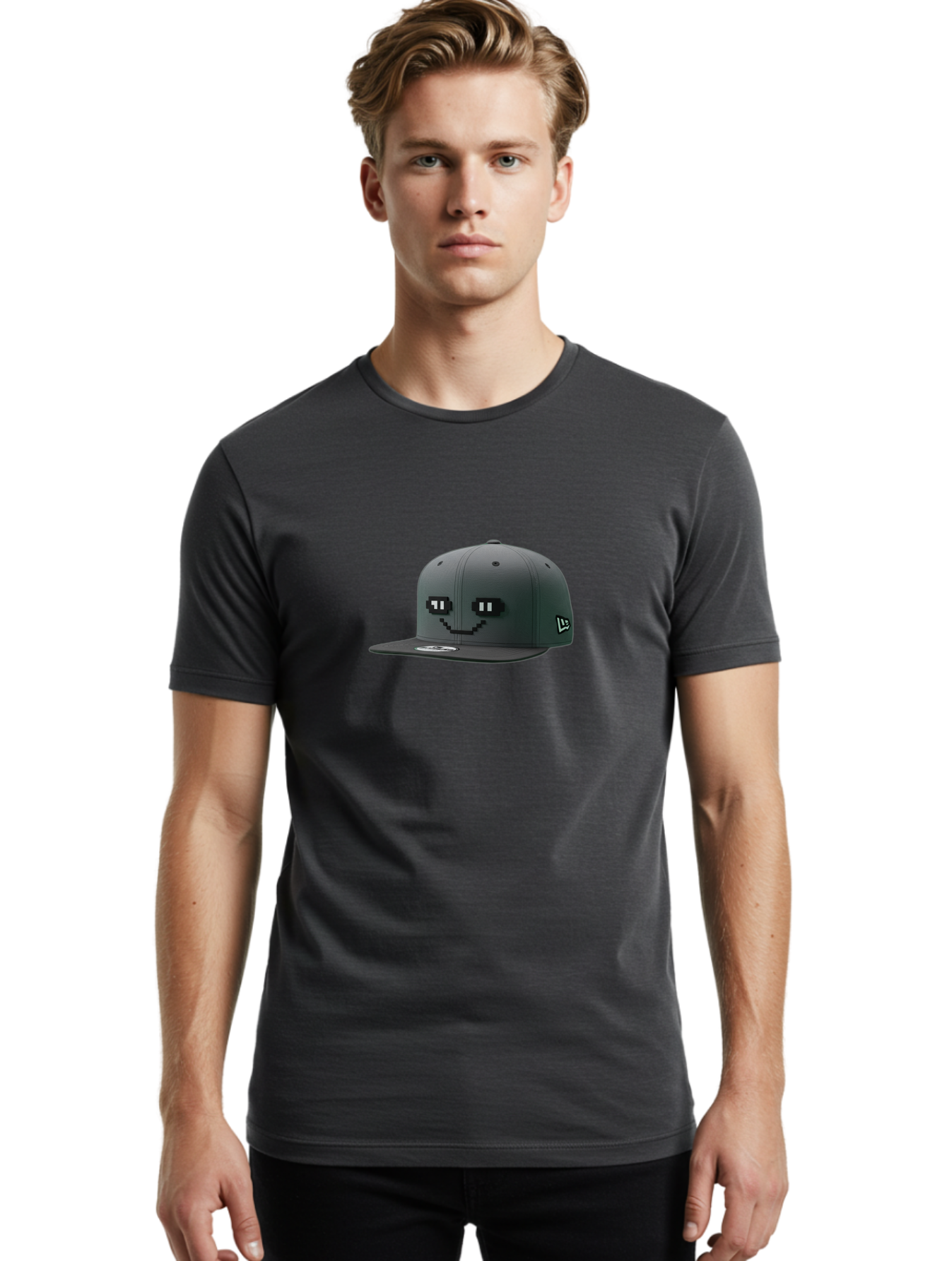 New-Era-Cap-1 Men'S Graphic Tee, 100% Cotton, Comfortable Casual Summer Wear, Machine Washable, Black Snapback Hat, Pac-Man Design, Pixel Art, Gaming Accessory, Streetwear Fashion, Trendy Apparel, Casual Wear, Black Cap Bad366