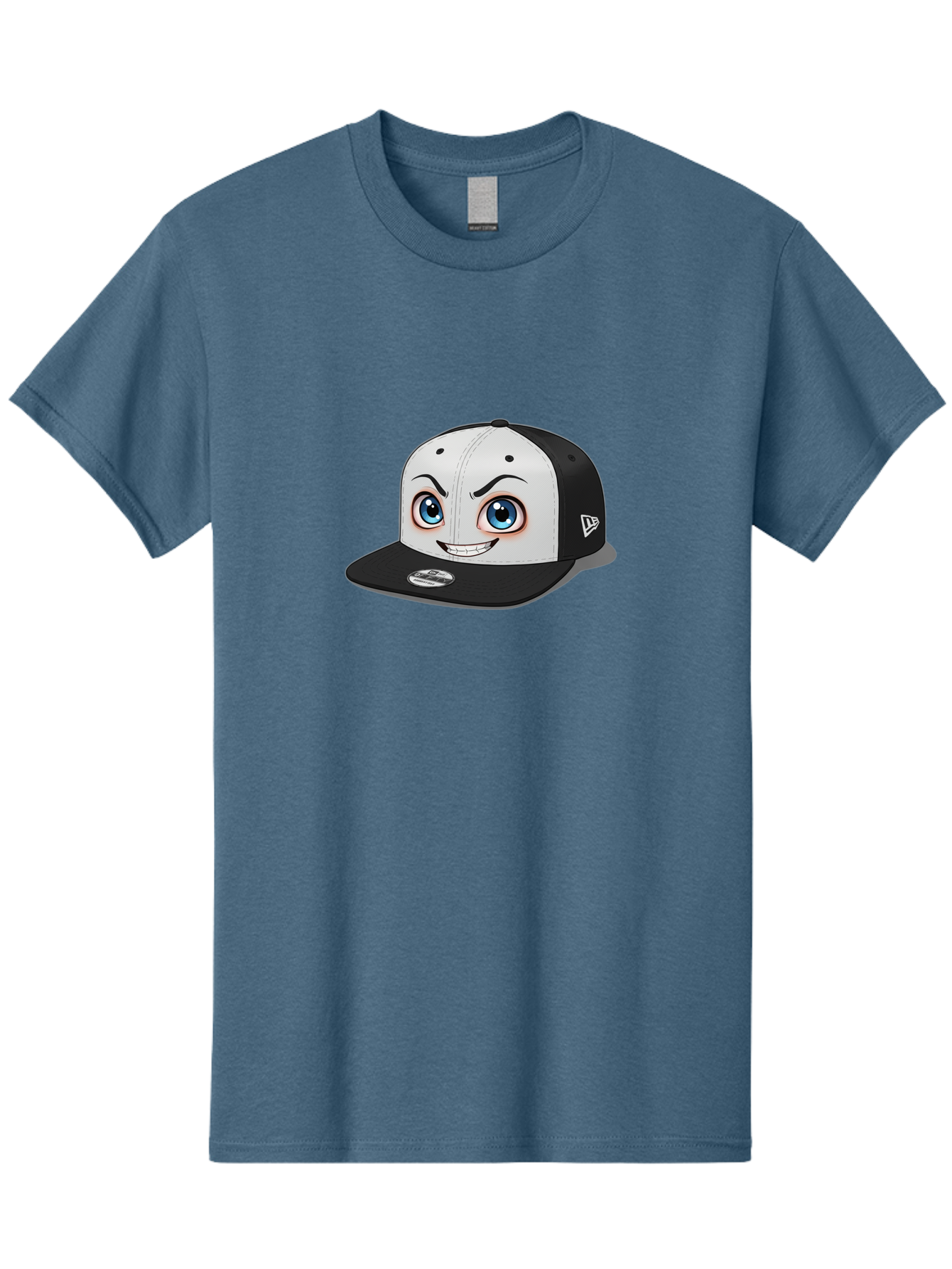 New-Era-Cap-2 Men'S Graphic Tee, 100% Cotton, Comfortable Casual Summer Wear, Machine Washable, Black And White Baseball Cap, Cartoon-Style Face On Front, Blue Eyes, Eyebrows, Smile, New Era Logo On Side, Trendy Accessories, Bad367