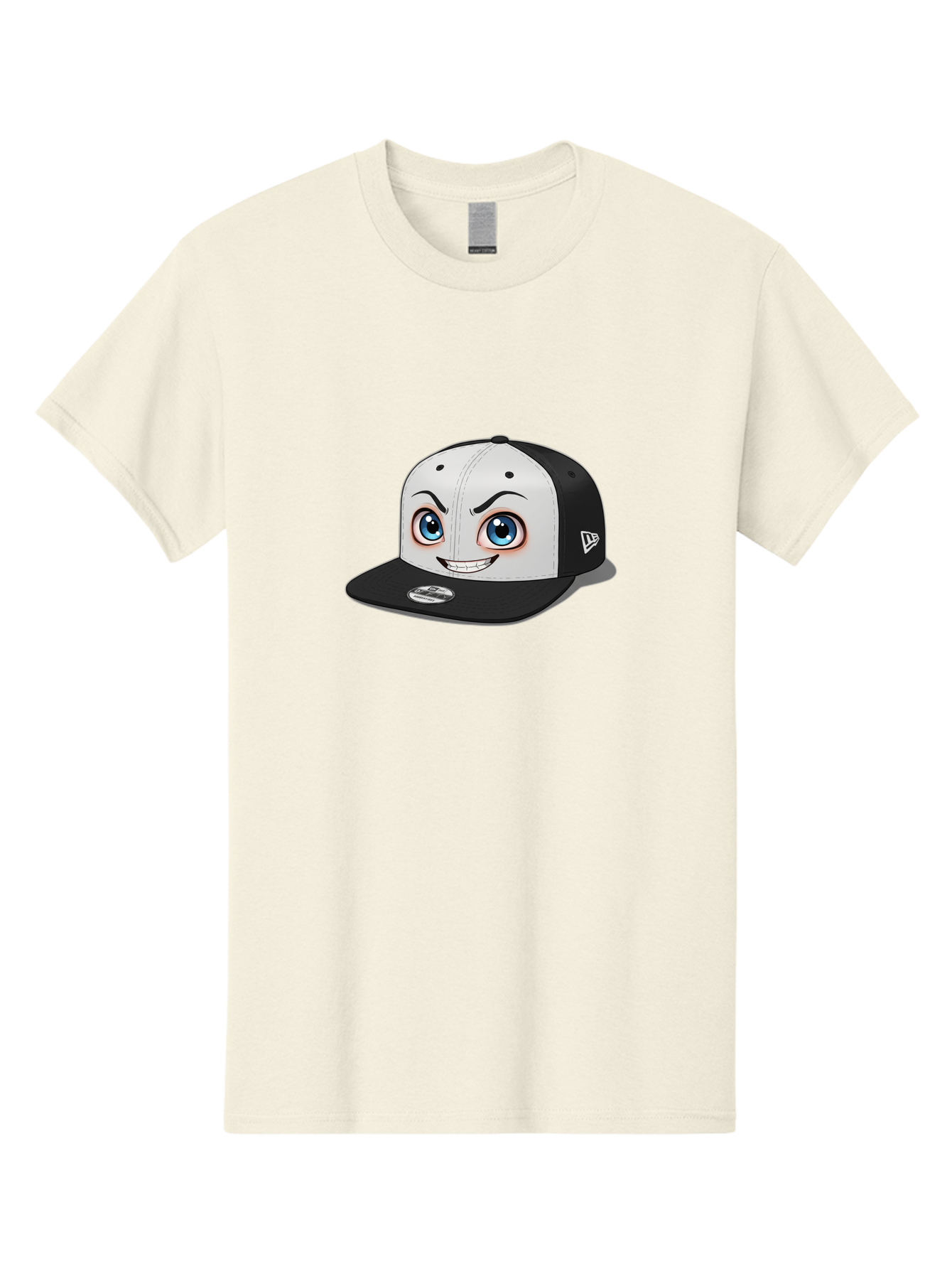 New-Era-Cap-2 Men'S Graphic Tee, 100% Cotton, Comfortable Casual Summer Wear, Machine Washable, Black And White Baseball Cap, Cartoon-Style Face On Front, Blue Eyes, Eyebrows, Smile, New Era Logo On Side, Trendy Accessories, Bad367