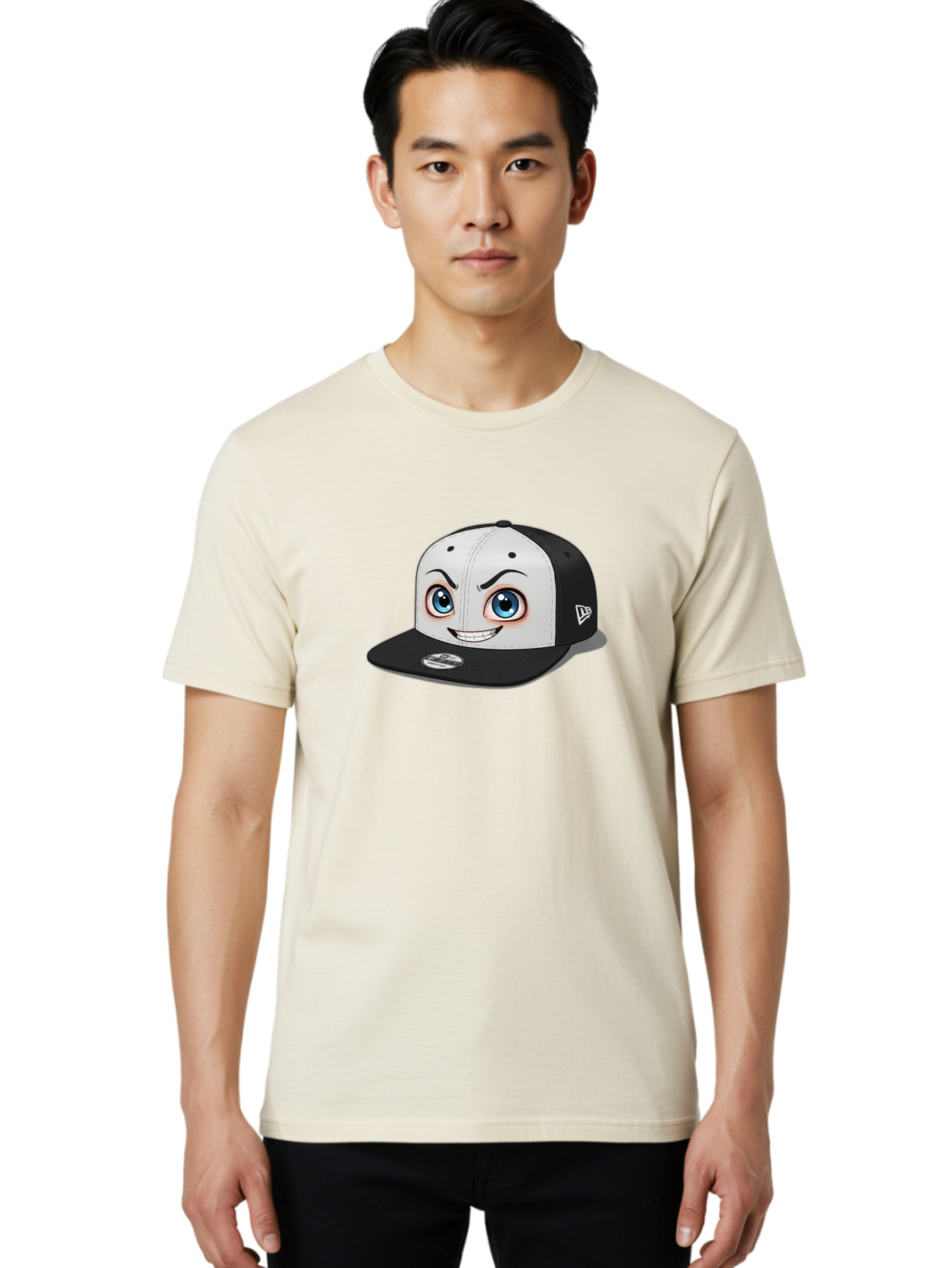 New-Era-Cap-2 Men'S Graphic Tee, 100% Cotton, Comfortable Casual Summer Wear, Machine Washable, Black And White Baseball Cap, Cartoon-Style Face On Front, Blue Eyes, Eyebrows, Smile, New Era Logo On Side, Trendy Accessories, Bad367
