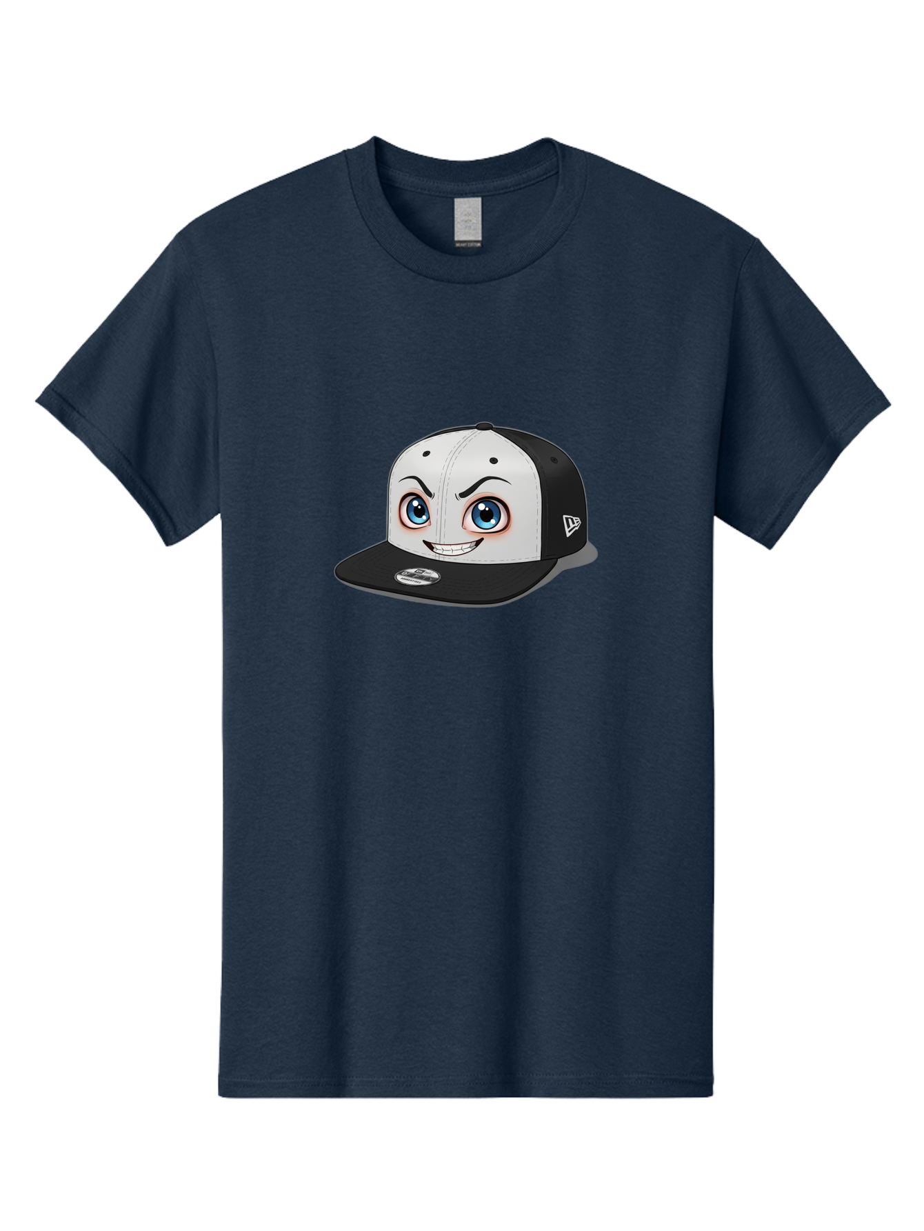 New-Era-Cap-2 Men'S Graphic Tee, 100% Cotton, Comfortable Casual Summer Wear, Machine Washable, Black And White Baseball Cap, Cartoon-Style Face On Front, Blue Eyes, Eyebrows, Smile, New Era Logo On Side, Trendy Accessories, Bad367