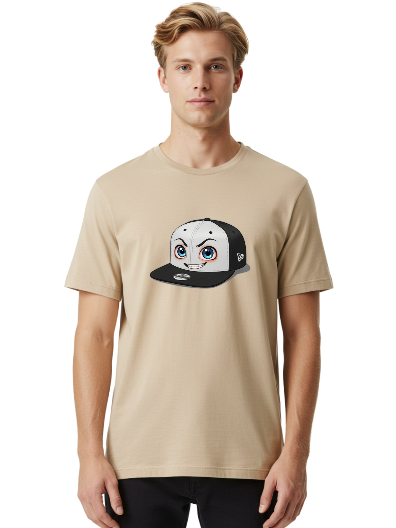 New-Era-Cap-2 Men'S Graphic Tee, 100% Cotton, Comfortable Casual Summer Wear, Machine Washable, Black And White Baseball Cap, Cartoon-Style Face On Front, Blue Eyes, Eyebrows, Smile, New Era Logo On Side, Trendy Accessories, Bad367