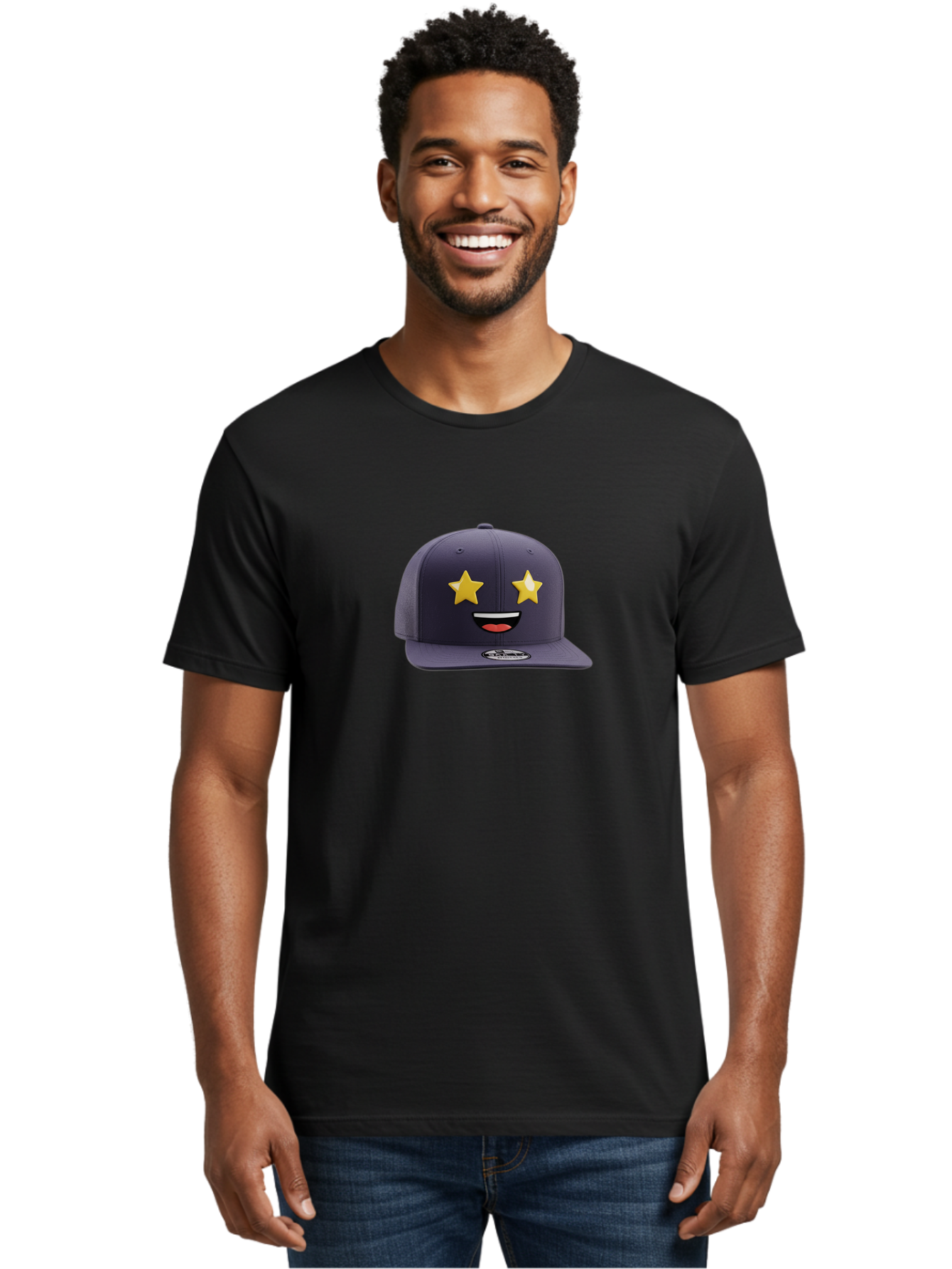 New-Era-Cap Men'S Graphic Tee, 100% Cotton, Comfortable Casual Summer Wear, Machine Washable, Baseball Cap, Emoji Face, Star Eyes, Smiling Mouth, Streetwear Fashion, Casual Style, Sports Headwear, Logo Sticker Bad368
