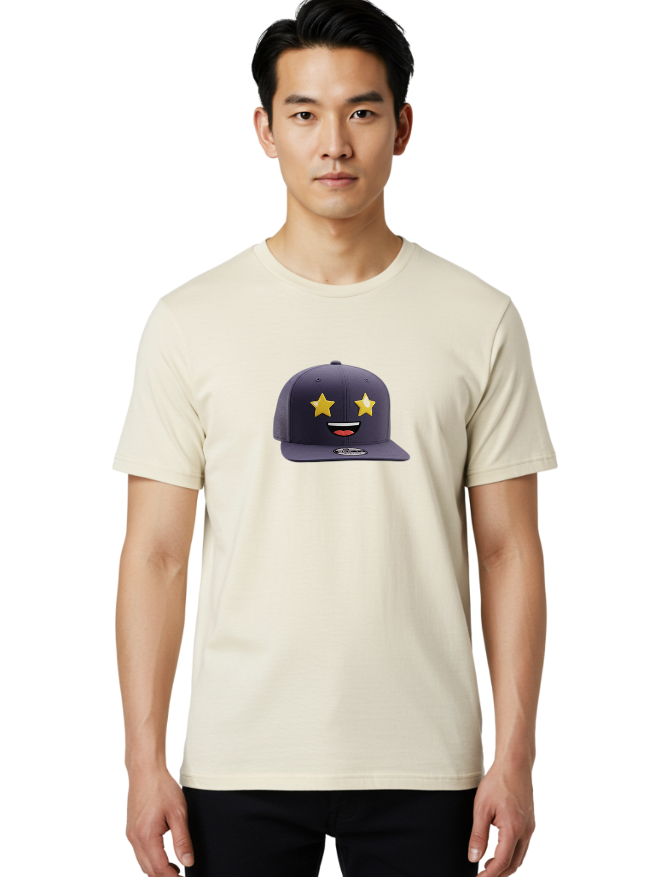 New-Era-Cap Men'S Graphic Tee, 100% Cotton, Comfortable Casual Summer Wear, Machine Washable, Baseball Cap, Emoji Face, Star Eyes, Smiling Mouth, Streetwear Fashion, Casual Style, Sports Headwear, Logo Sticker Bad368