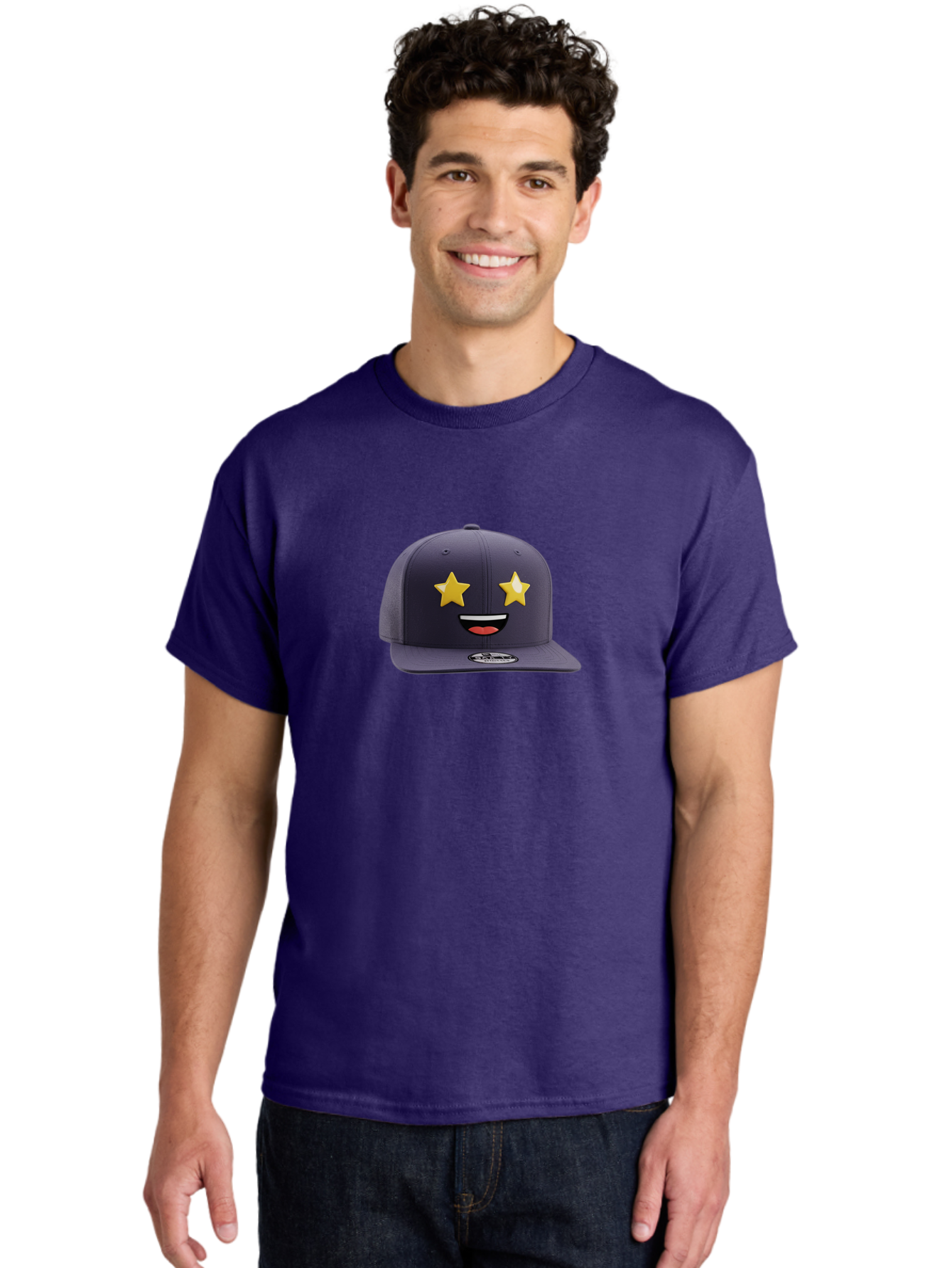 New-Era-Cap Men'S Graphic Tee, 100% Cotton, Comfortable Casual Summer Wear, Machine Washable, Baseball Cap, Emoji Face, Star Eyes, Smiling Mouth, Streetwear Fashion, Casual Style, Sports Headwear, Logo Sticker Bad368