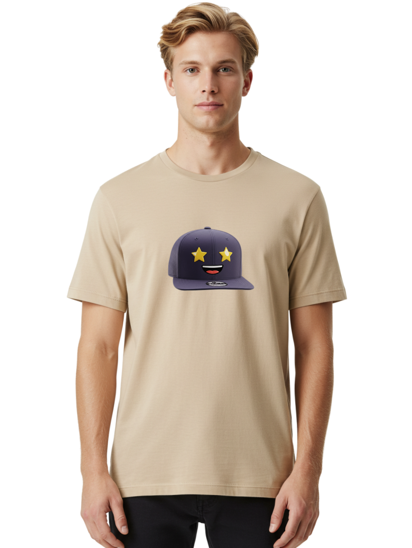 New-Era-Cap Men'S Graphic Tee, 100% Cotton, Comfortable Casual Summer Wear, Machine Washable, Baseball Cap, Emoji Face, Star Eyes, Smiling Mouth, Streetwear Fashion, Casual Style, Sports Headwear, Logo Sticker Bad368