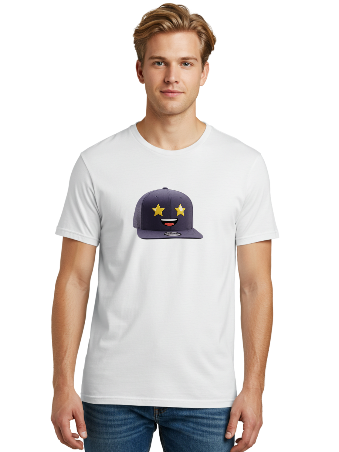 New-Era-Cap Men'S Graphic Tee, 100% Cotton, Comfortable Casual Summer Wear, Machine Washable, Baseball Cap, Emoji Face, Star Eyes, Smiling Mouth, Streetwear Fashion, Casual Style, Sports Headwear, Logo Sticker Bad368