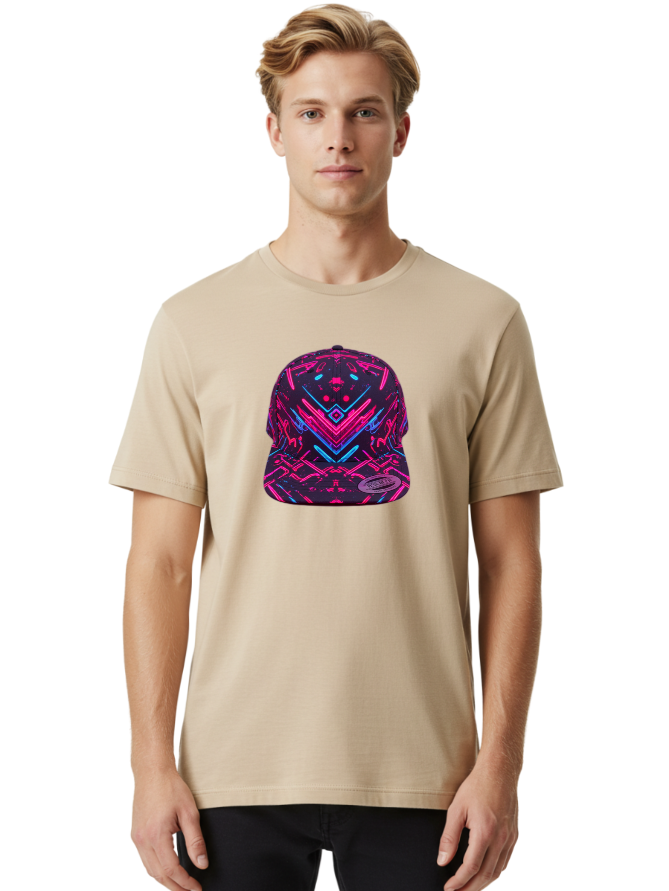 New-Era-Neon-Baseball-Cap Men'S Graphic Tee, 100% Cotton, Comfortable Casual Summer Wear, Machine Washable, Neon Pink And Blue Circuit Pattern, Futuristic Hat, Neon-Lit Design, Trendy Headwear, Streetwear Fashion, Bold Graphics Bad369