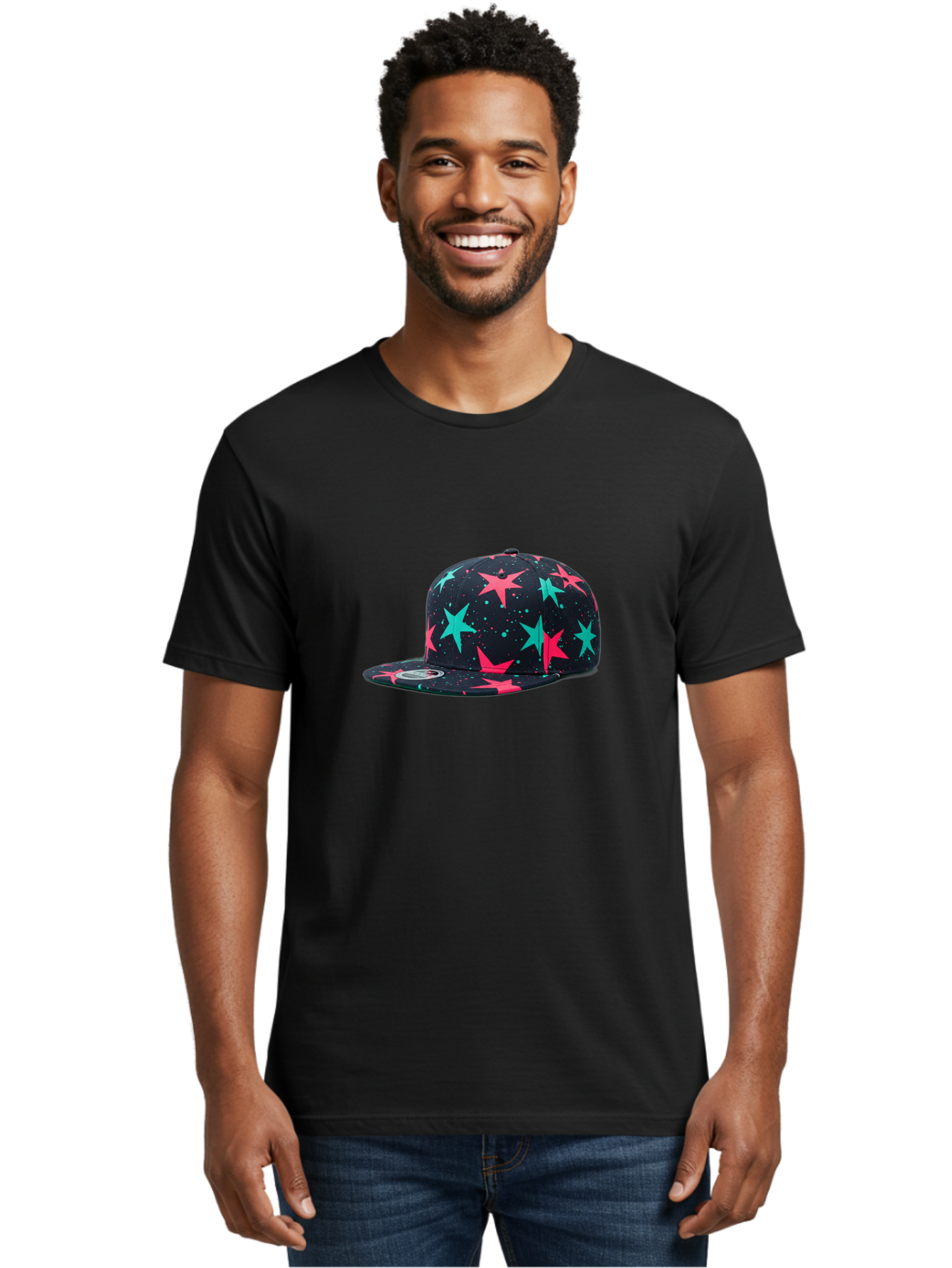 New-Era-Star-Snapback Men'S Graphic Tee, 100% Cotton, Comfortable Casual Summer Wear, Machine Washable, Baseball Cap, Snapback Hat, Star Pattern, Neon Colors, Pink Stars, Blue Stars, New Era Logo, Streetwear Fashion, Trendy Accessories, Bad371