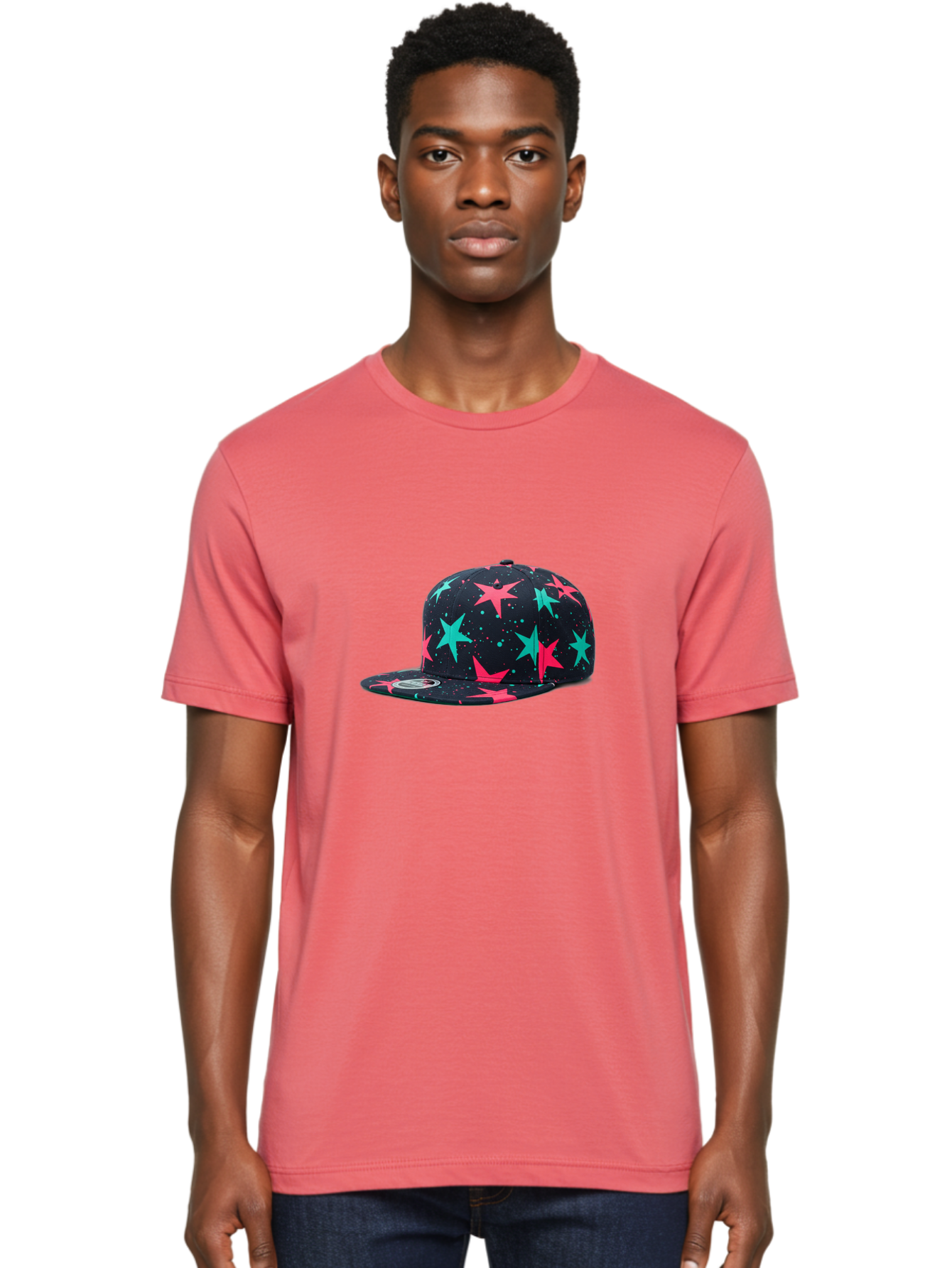 New-Era-Star-Snapback Men'S Graphic Tee, 100% Cotton, Comfortable Casual Summer Wear, Machine Washable, Baseball Cap, Snapback Hat, Star Pattern, Neon Colors, Pink Stars, Blue Stars, New Era Logo, Streetwear Fashion, Trendy Accessories, Bad371