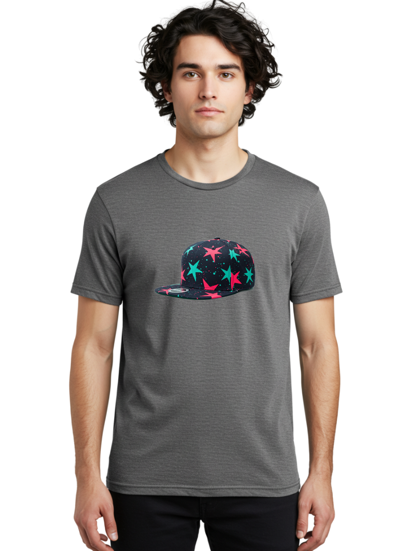 New-Era-Star-Snapback Men'S Graphic Tee, 100% Cotton, Comfortable Casual Summer Wear, Machine Washable, Baseball Cap, Snapback Hat, Star Pattern, Neon Colors, Pink Stars, Blue Stars, New Era Logo, Streetwear Fashion, Trendy Accessories, Bad371
