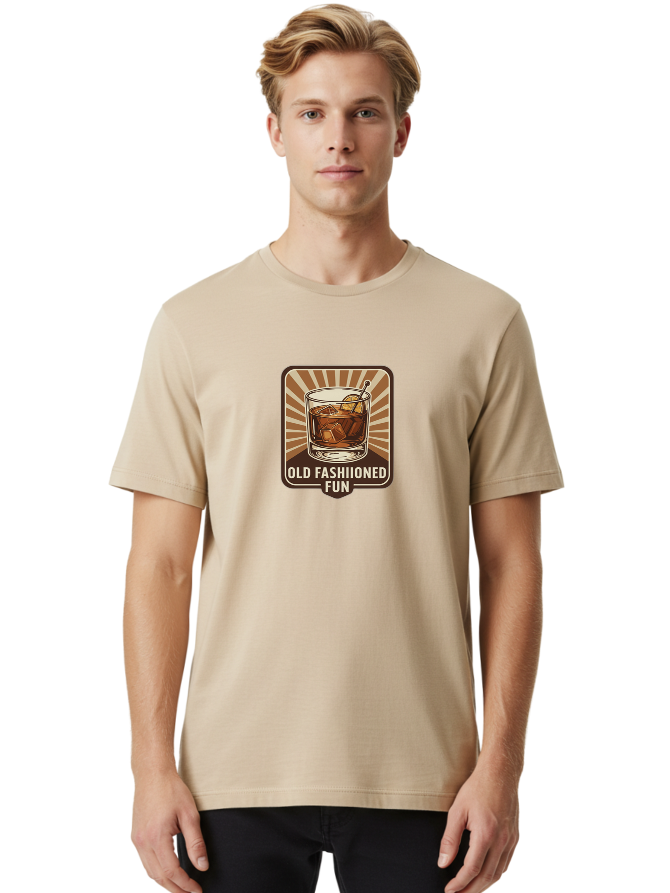 Old-Fashiioned-Fun Men'S Graphic Tee, 100% Cotton, Comfortable Casual Summer Wear, Machine Washable, Cocktail Illustration, Old Fashioned Drink, Whiskey On The Rocks, Retro Style, Classic Cocktail, Fun Times, Brown And White Theme, Bad381