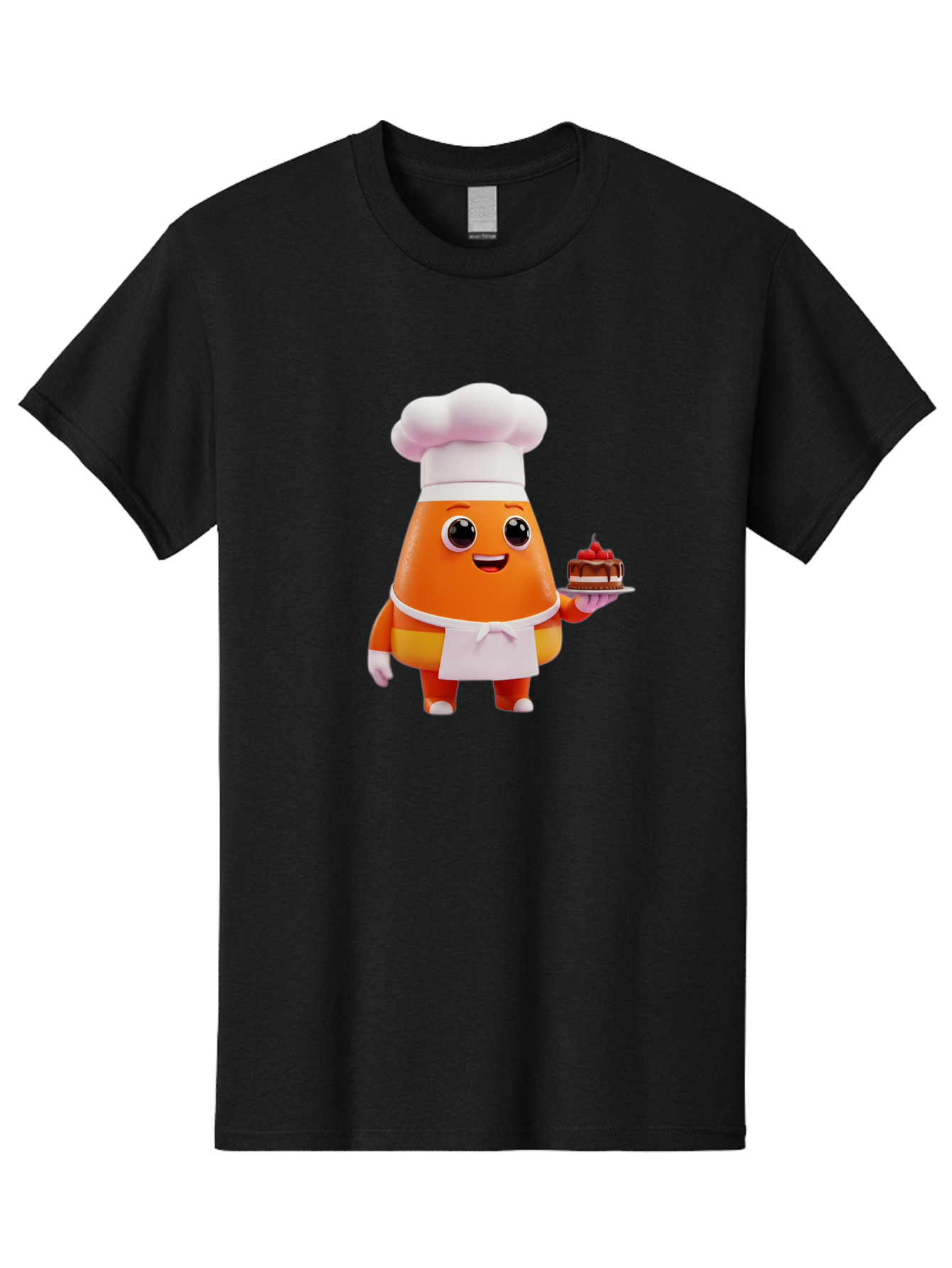 Orange-Character-With-Cake Men'S Graphic Tee, 100% Cotton, Comfortable Casual Summer Wear, Machine Washable, Cartoon Egg Yolk Chef, Chef Hat, Apron, Chocolate Cake, Red Cherries, Culinary Delight, Baking, Sweet Treats, Dessert, Bad384