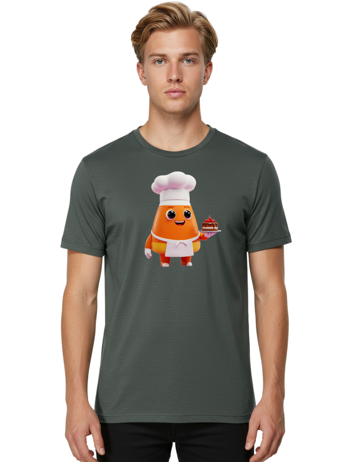 Orange-Character-With-Cake Men'S Graphic Tee, 100% Cotton, Comfortable Casual Summer Wear, Machine Washable, Cartoon Egg Yolk Chef, Chef Hat, Apron, Chocolate Cake, Red Cherries, Culinary Delight, Baking, Sweet Treats, Dessert, Bad384