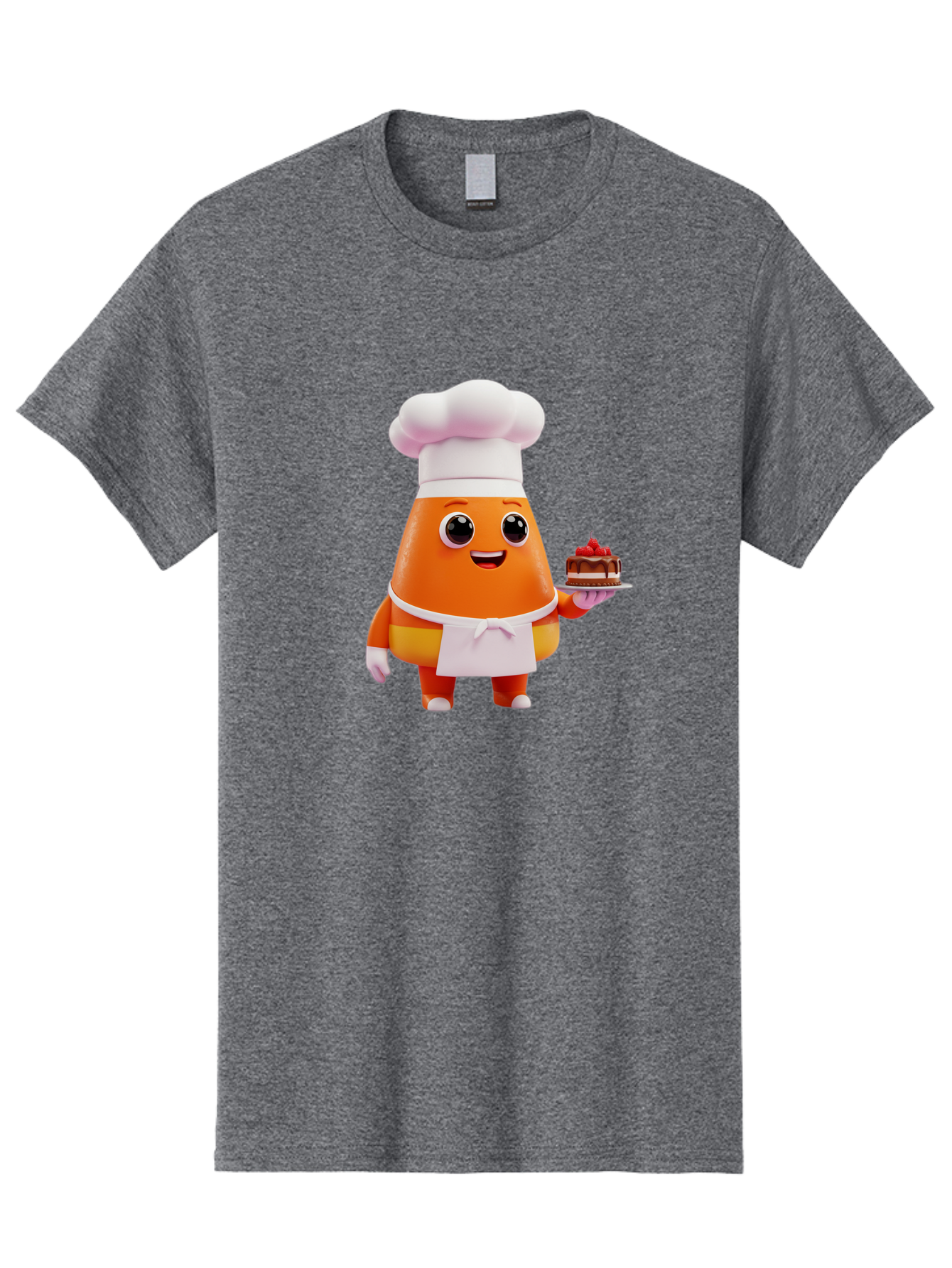 Orange-Character-With-Cake Men'S Graphic Tee, 100% Cotton, Comfortable Casual Summer Wear, Machine Washable, Cartoon Egg Yolk Chef, Chef Hat, Apron, Chocolate Cake, Red Cherries, Culinary Delight, Baking, Sweet Treats, Dessert, Bad384
