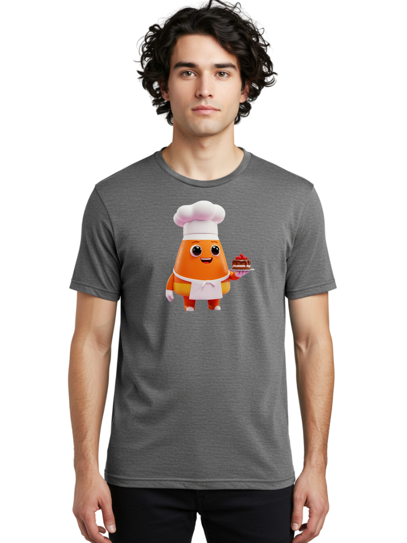 Orange-Character-With-Cake Men'S Graphic Tee, 100% Cotton, Comfortable Casual Summer Wear, Machine Washable, Cartoon Egg Yolk Chef, Chef Hat, Apron, Chocolate Cake, Red Cherries, Culinary Delight, Baking, Sweet Treats, Dessert, Bad384
