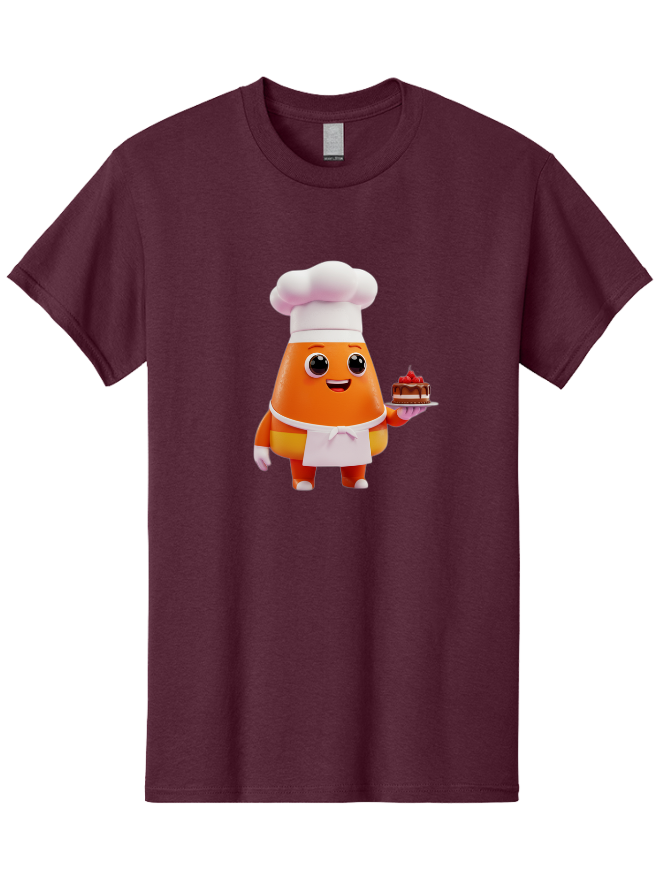 Orange-Character-With-Cake Men'S Graphic Tee, 100% Cotton, Comfortable Casual Summer Wear, Machine Washable, Cartoon Egg Yolk Chef, Chef Hat, Apron, Chocolate Cake, Red Cherries, Culinary Delight, Baking, Sweet Treats, Dessert, Bad384