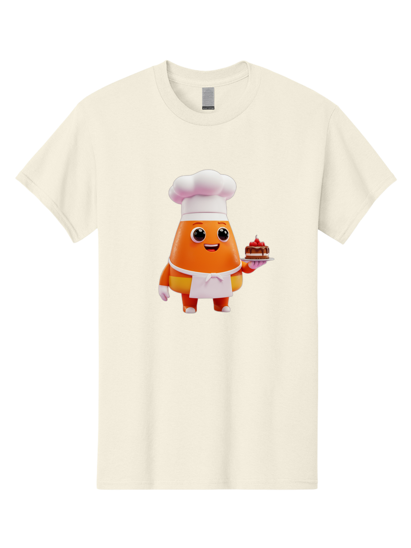 Orange-Character-With-Cake Men'S Graphic Tee, 100% Cotton, Comfortable Casual Summer Wear, Machine Washable, Cartoon Egg Yolk Chef, Chef Hat, Apron, Chocolate Cake, Red Cherries, Culinary Delight, Baking, Sweet Treats, Dessert, Bad384