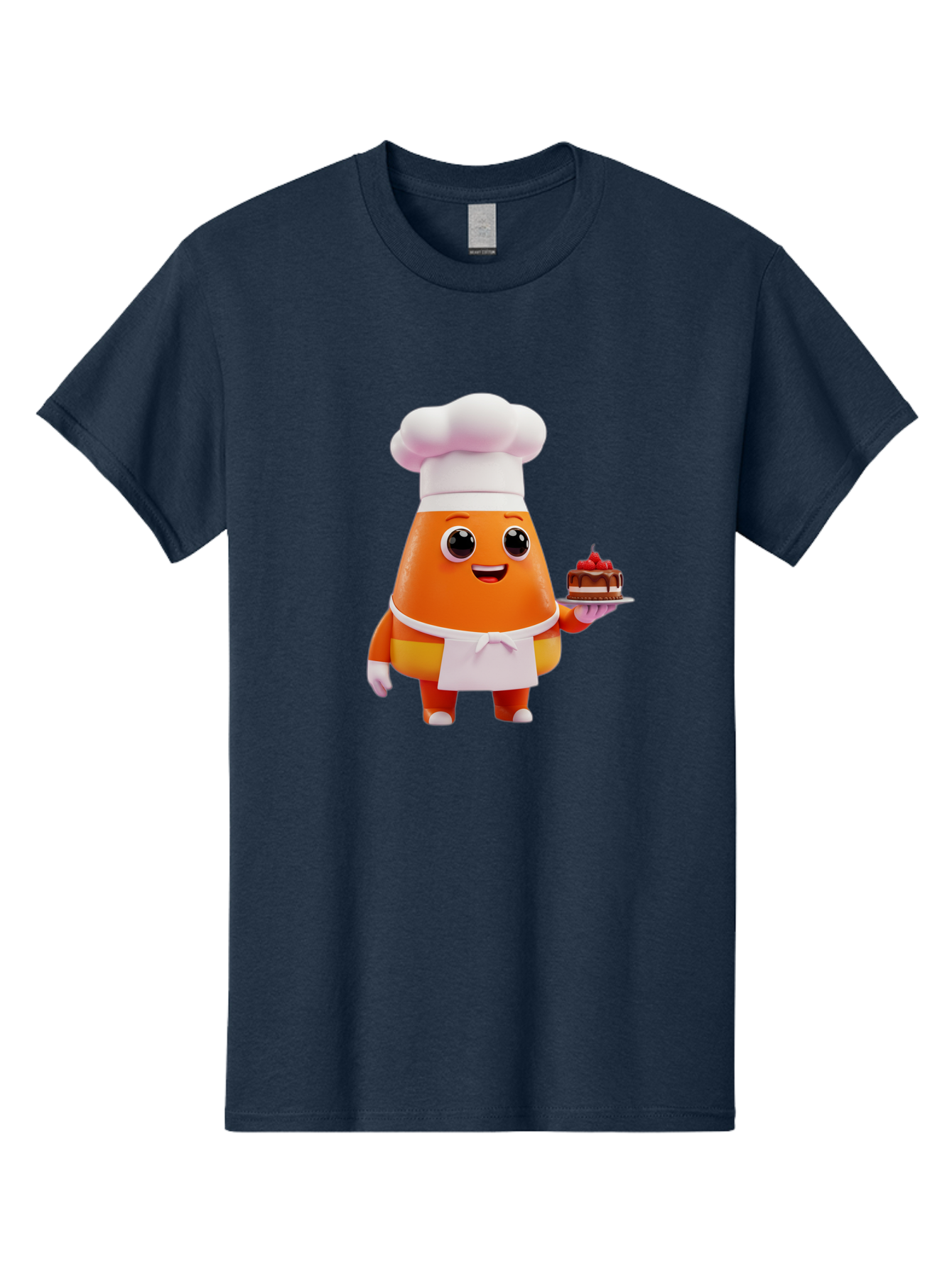 Orange-Character-With-Cake Men'S Graphic Tee, 100% Cotton, Comfortable Casual Summer Wear, Machine Washable, Cartoon Egg Yolk Chef, Chef Hat, Apron, Chocolate Cake, Red Cherries, Culinary Delight, Baking, Sweet Treats, Dessert, Bad384