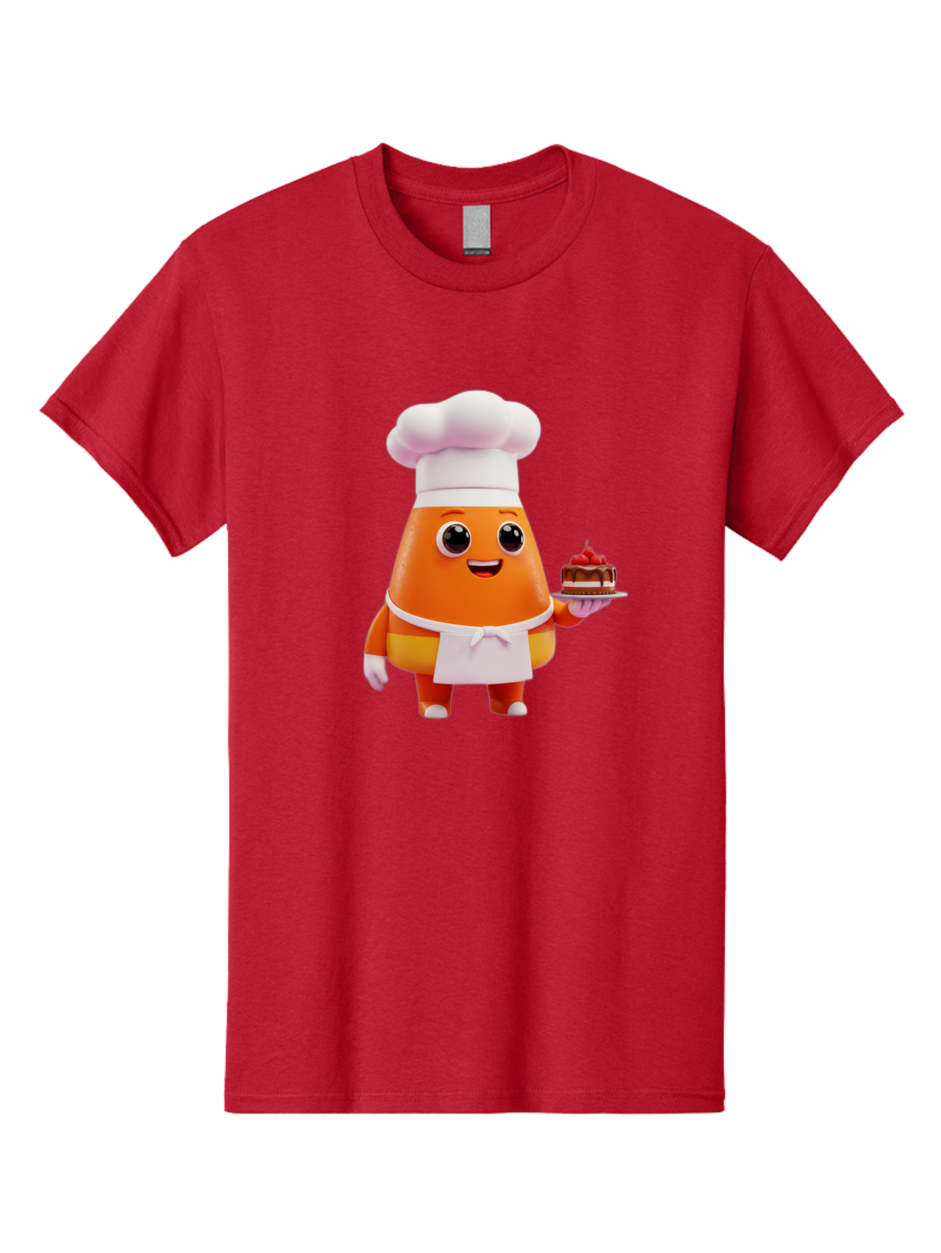 Orange-Character-With-Cake Men'S Graphic Tee, 100% Cotton, Comfortable Casual Summer Wear, Machine Washable, Cartoon Egg Yolk Chef, Chef Hat, Apron, Chocolate Cake, Red Cherries, Culinary Delight, Baking, Sweet Treats, Dessert, Bad384