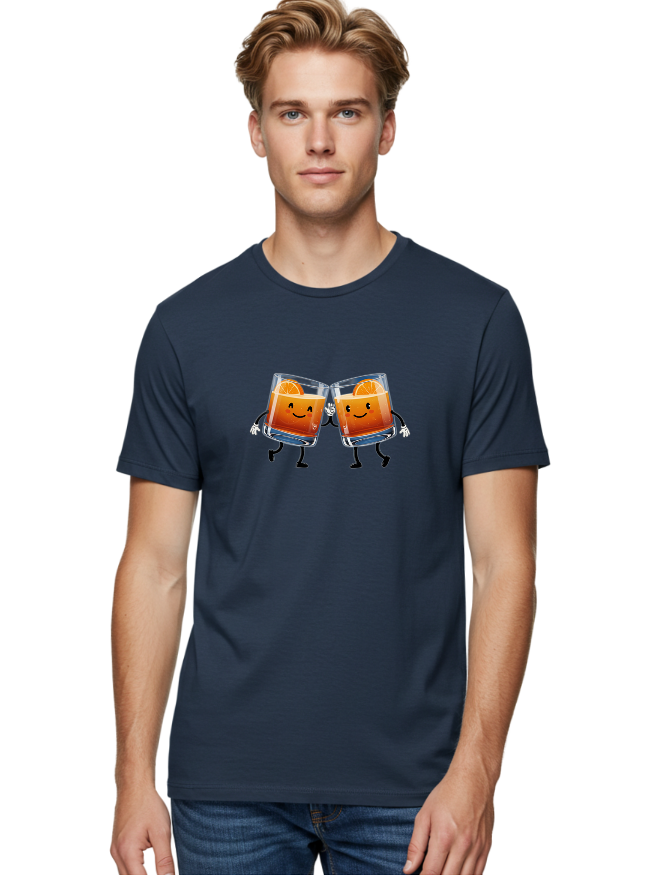 Orange-Cocktails Men'S Graphic Tee, 100% Cotton, Comfortable Casual Summer Wear, Machine Washable, Cartoon Cocktail Glasses, Orange Slices, Happy Faces, Friendly Drinks, Cocktail Party, Social Gathering, Refreshing Drinks, Citrusy Twist, Bad385