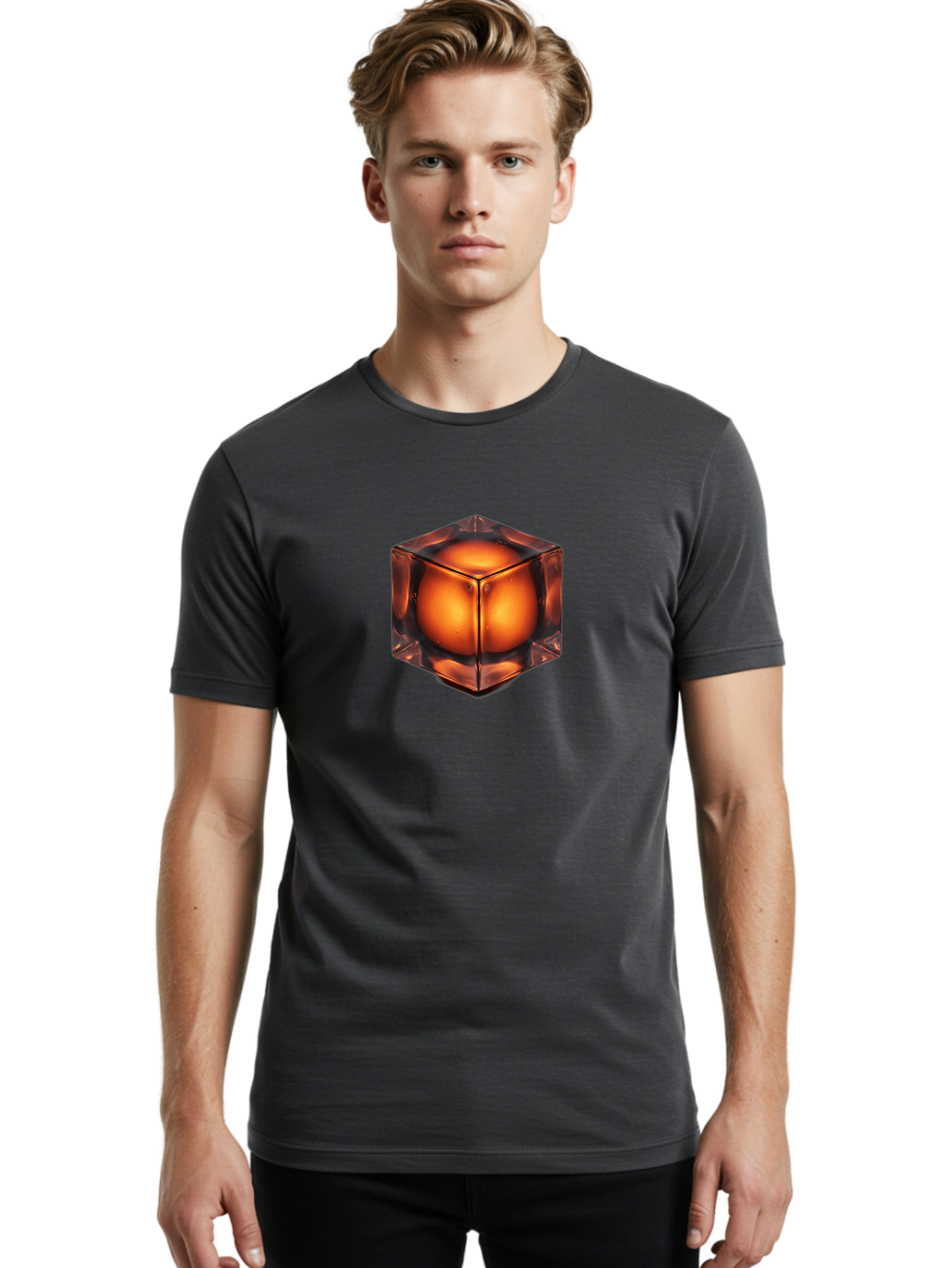 Orange-Cube Men'S Graphic Tee, 100% Cotton, Comfortable Casual Summer Wear, Machine Washable, Glass Cube, Orange Sphere, Transparent Container, Vibrant Orange Glow, Futuristic Design, Minimalist Art, 3D Rendering, Modern Visual Effect, Bad386