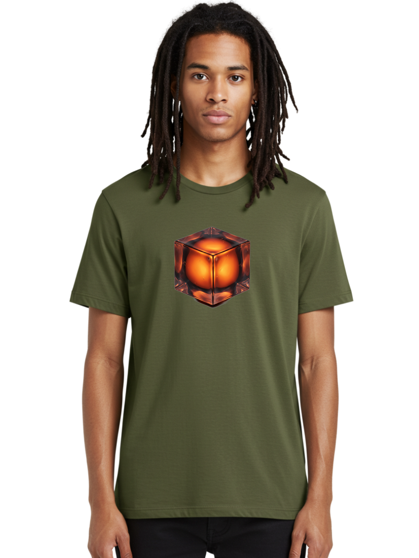 Orange-Cube Men'S Graphic Tee, 100% Cotton, Comfortable Casual Summer Wear, Machine Washable, Glass Cube, Orange Sphere, Transparent Container, Vibrant Orange Glow, Futuristic Design, Minimalist Art, 3D Rendering, Modern Visual Effect, Bad386
