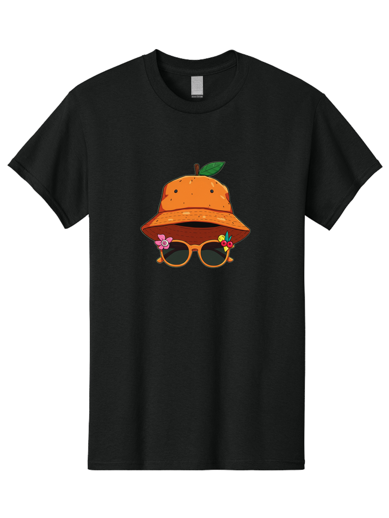 Orange-Hat-Sunglasses Men'S Graphic Tee, 100% Cotton, Comfortable Casual Summer Wear, Machine Washable, Cartoon Orange Character, Orange Bucket Hat, Trendy Sunglasses, Floral Decorations, Playful Vibe, Summer Fashion, Quirky Accessories, Bad387