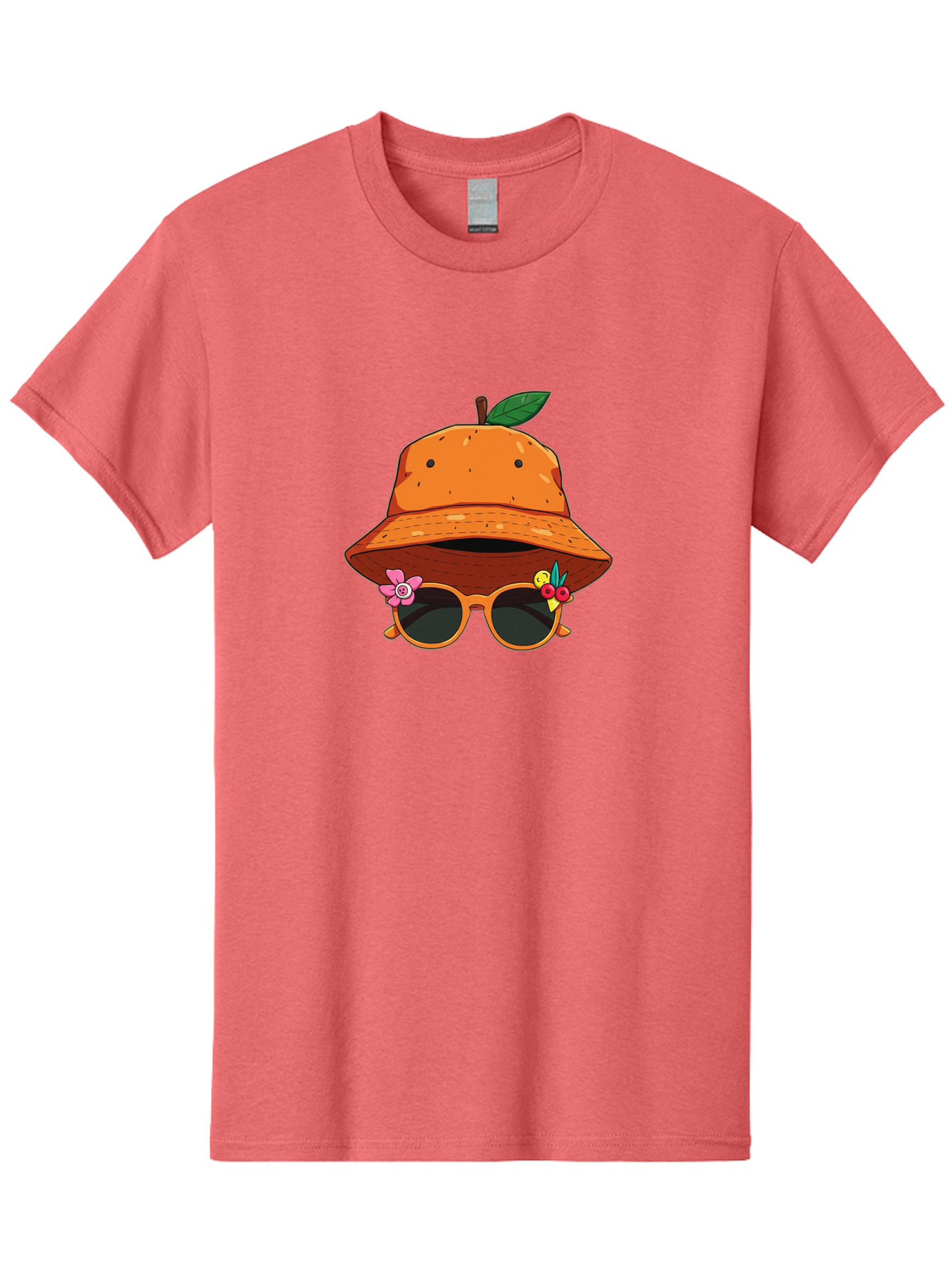 Orange-Hat-Sunglasses Men'S Graphic Tee, 100% Cotton, Comfortable Casual Summer Wear, Machine Washable, Cartoon Orange Character, Orange Bucket Hat, Trendy Sunglasses, Floral Decorations, Playful Vibe, Summer Fashion, Quirky Accessories, Bad387