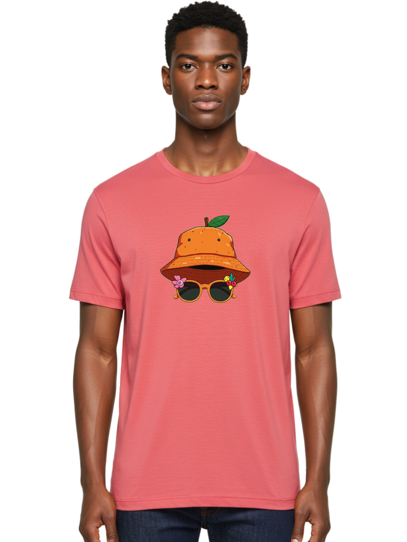 Orange-Hat-Sunglasses Men'S Graphic Tee, 100% Cotton, Comfortable Casual Summer Wear, Machine Washable, Cartoon Orange Character, Orange Bucket Hat, Trendy Sunglasses, Floral Decorations, Playful Vibe, Summer Fashion, Quirky Accessories, Bad387