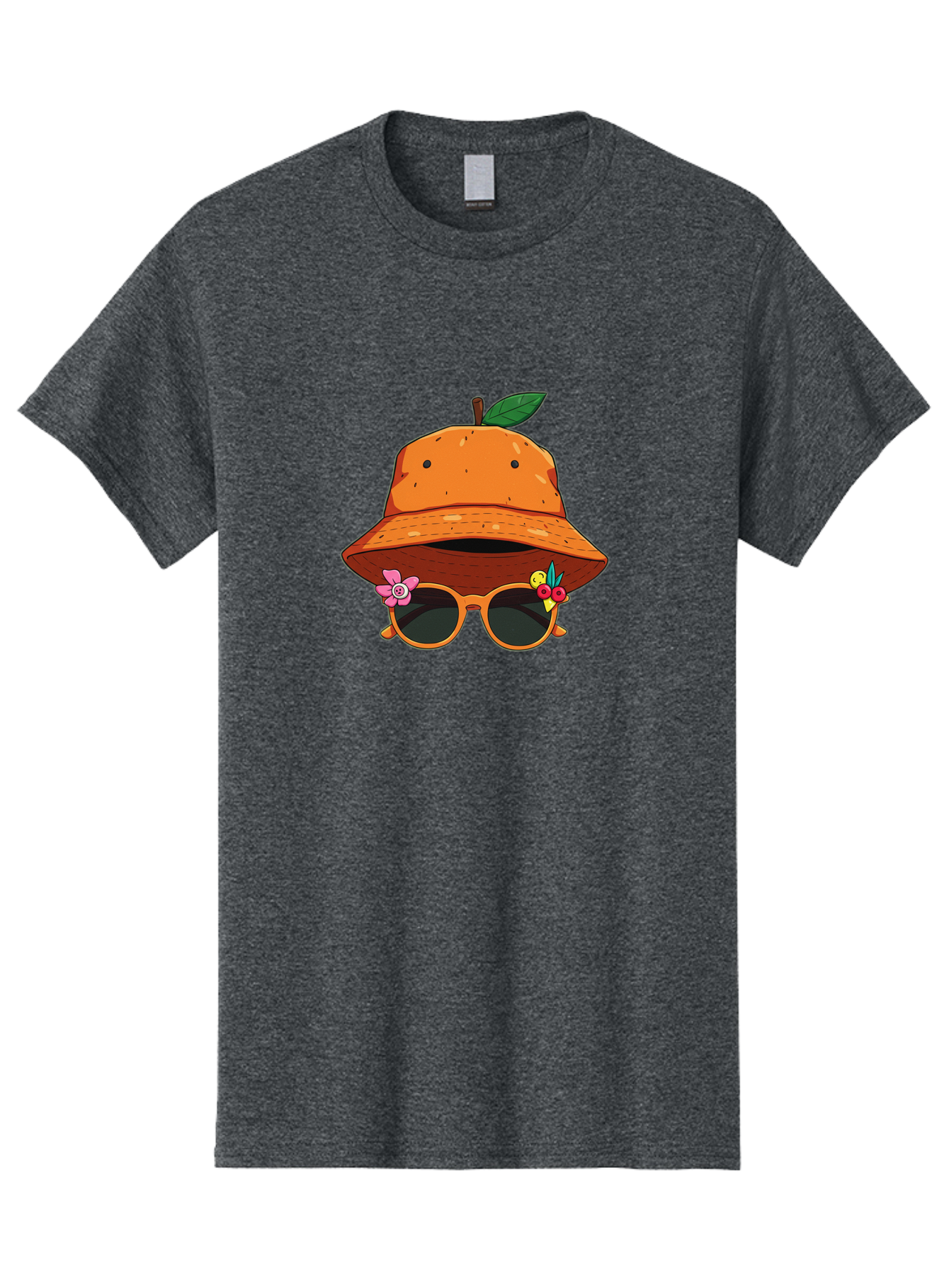 Orange-Hat-Sunglasses Men'S Graphic Tee, 100% Cotton, Comfortable Casual Summer Wear, Machine Washable, Cartoon Orange Character, Orange Bucket Hat, Trendy Sunglasses, Floral Decorations, Playful Vibe, Summer Fashion, Quirky Accessories, Bad387