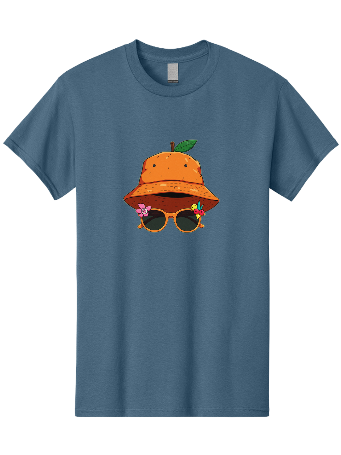 Orange-Hat-Sunglasses Men'S Graphic Tee, 100% Cotton, Comfortable Casual Summer Wear, Machine Washable, Cartoon Orange Character, Orange Bucket Hat, Trendy Sunglasses, Floral Decorations, Playful Vibe, Summer Fashion, Quirky Accessories, Bad387