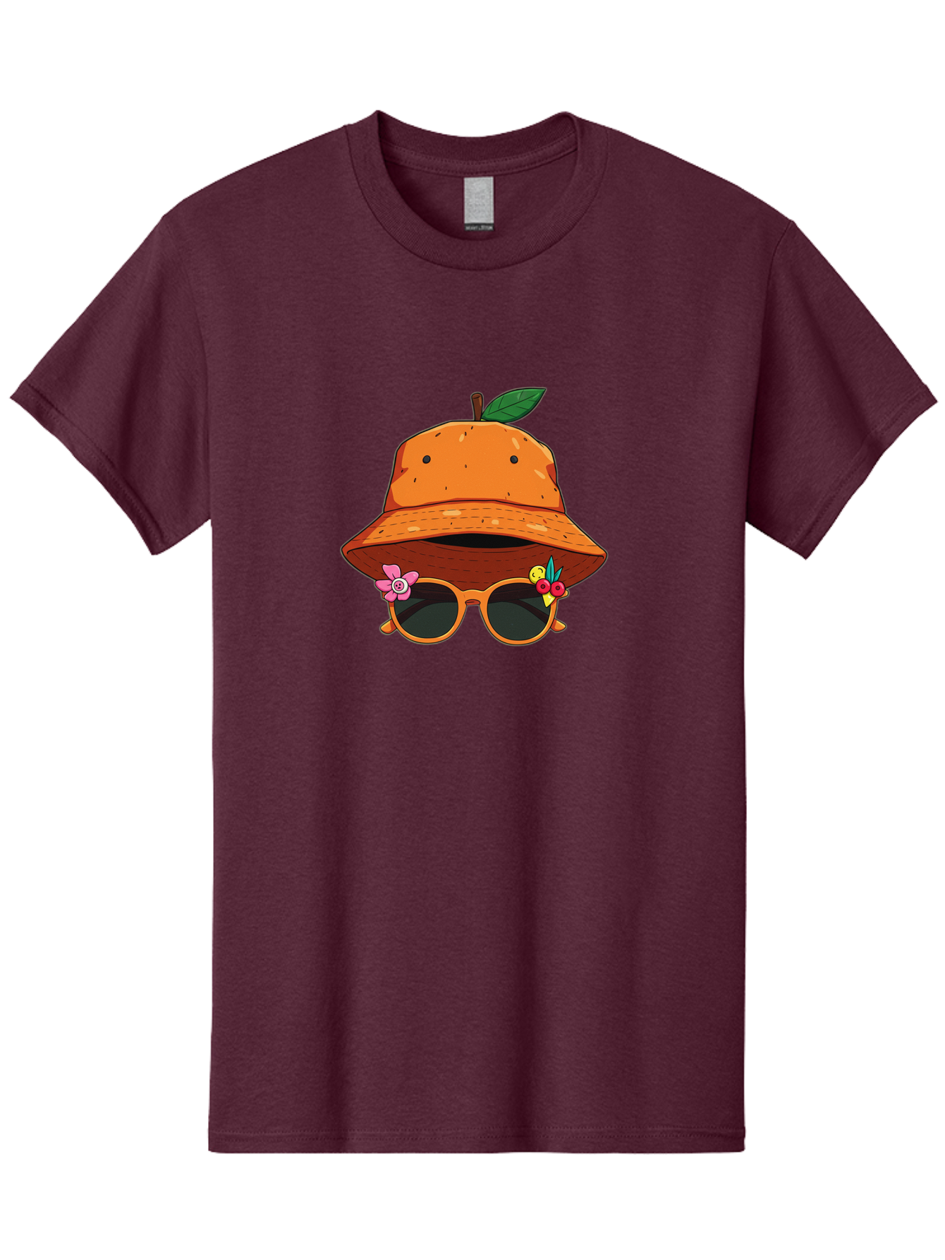 Orange-Hat-Sunglasses Men'S Graphic Tee, 100% Cotton, Comfortable Casual Summer Wear, Machine Washable, Cartoon Orange Character, Orange Bucket Hat, Trendy Sunglasses, Floral Decorations, Playful Vibe, Summer Fashion, Quirky Accessories, Bad387