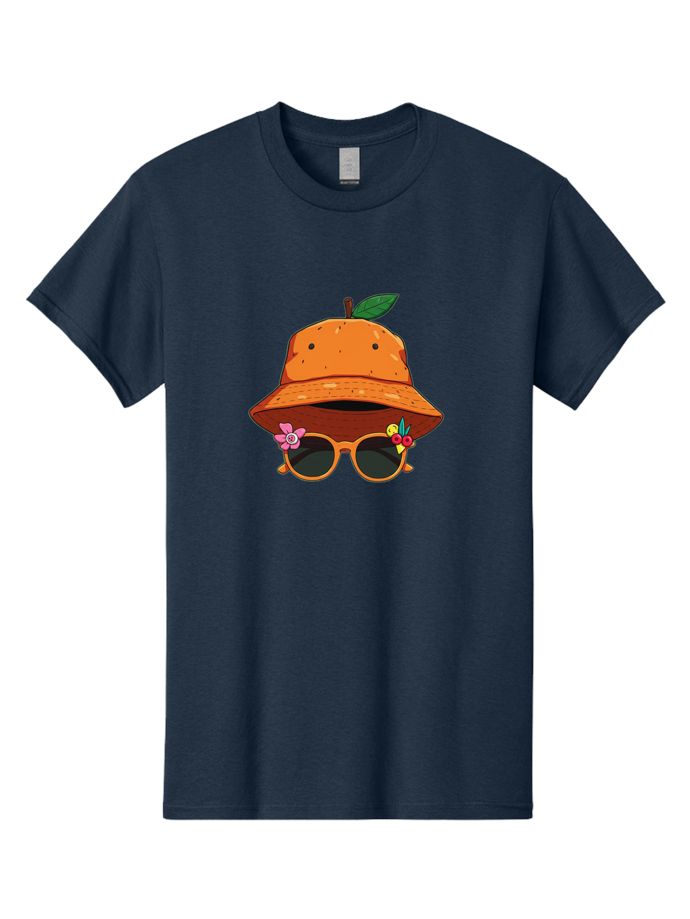 Orange-Hat-Sunglasses Men'S Graphic Tee, 100% Cotton, Comfortable Casual Summer Wear, Machine Washable, Cartoon Orange Character, Orange Bucket Hat, Trendy Sunglasses, Floral Decorations, Playful Vibe, Summer Fashion, Quirky Accessories, Bad387