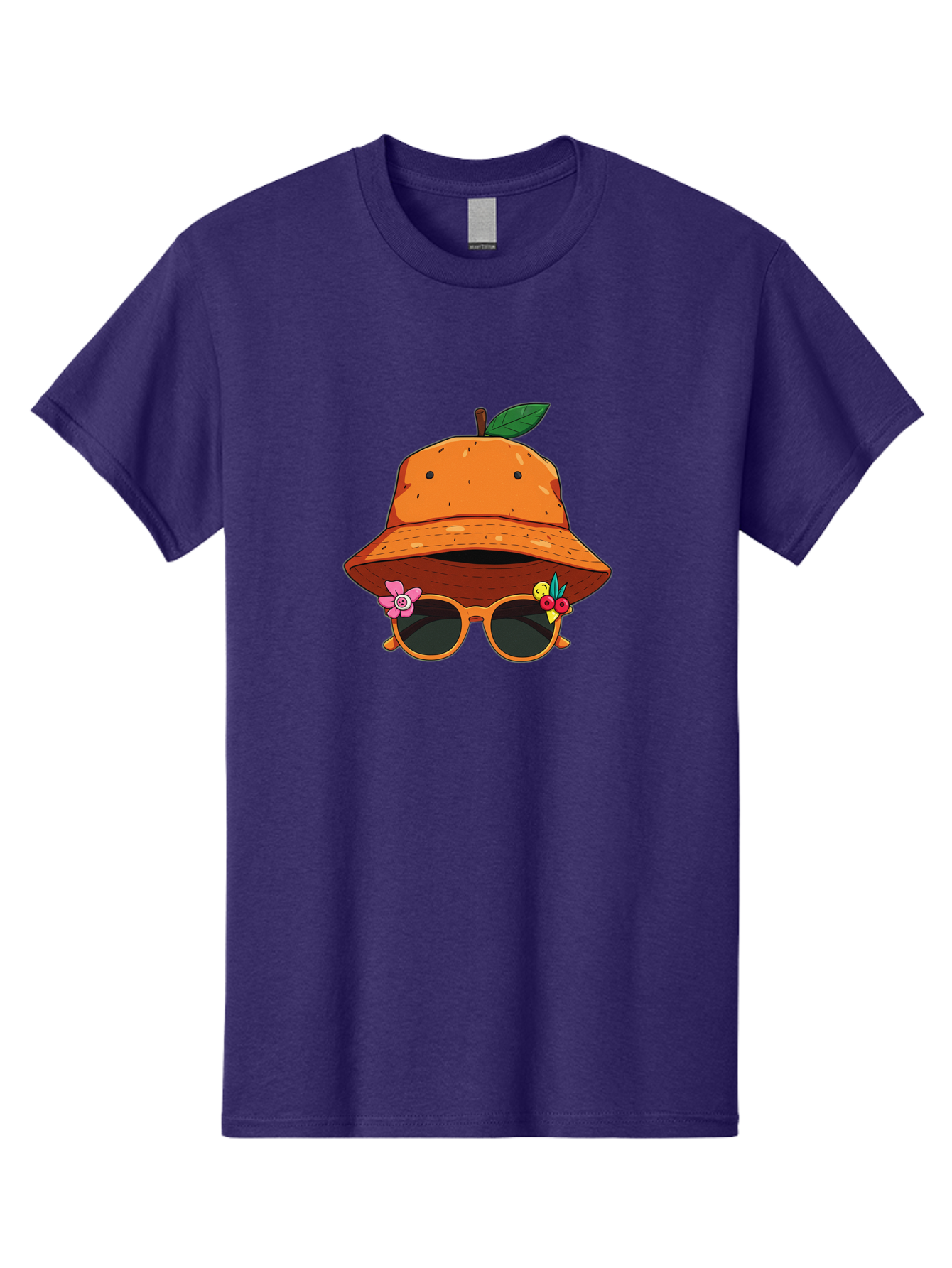 Orange-Hat-Sunglasses Men'S Graphic Tee, 100% Cotton, Comfortable Casual Summer Wear, Machine Washable, Cartoon Orange Character, Orange Bucket Hat, Trendy Sunglasses, Floral Decorations, Playful Vibe, Summer Fashion, Quirky Accessories, Bad387