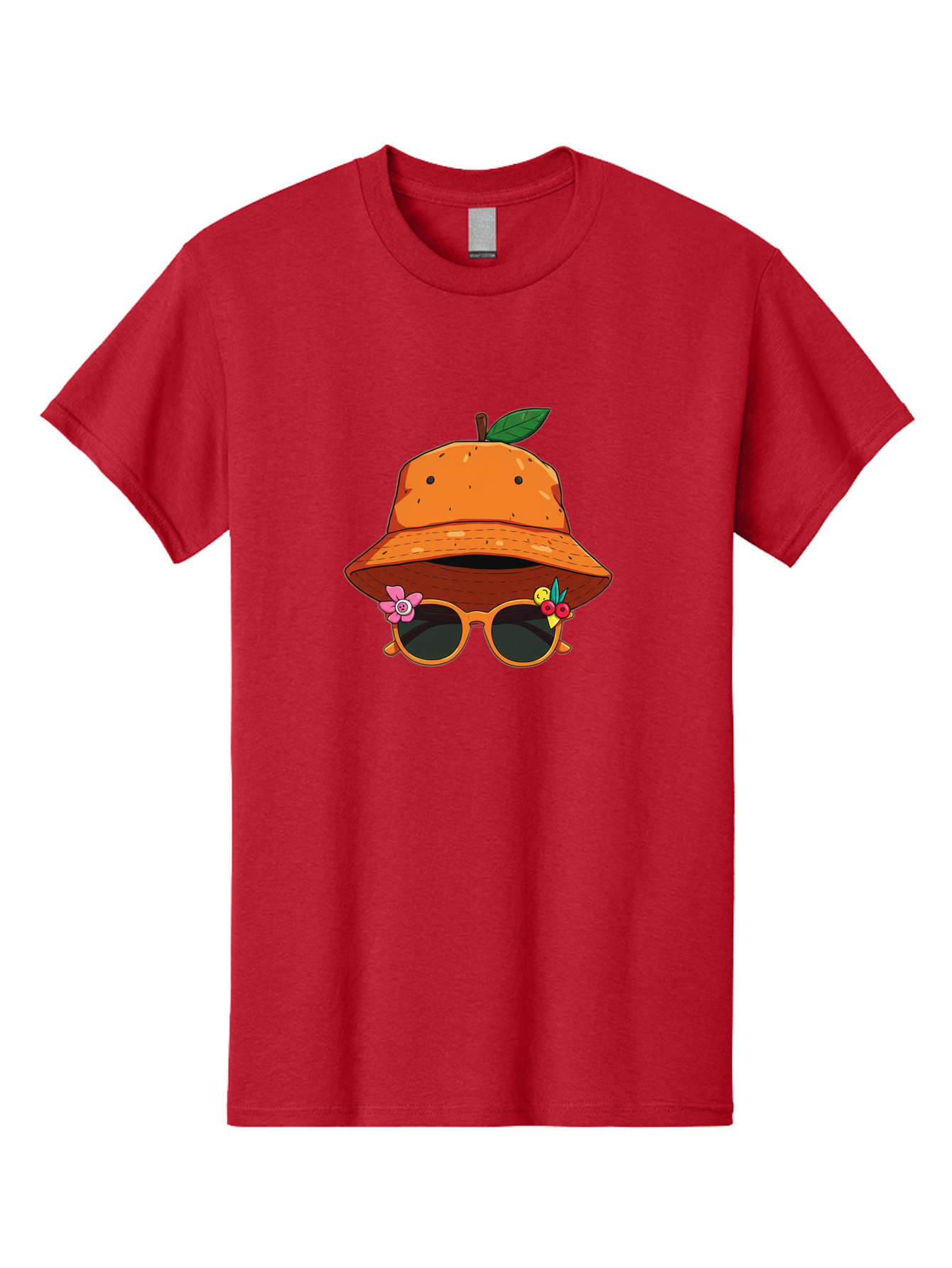 Orange-Hat-Sunglasses Men'S Graphic Tee, 100% Cotton, Comfortable Casual Summer Wear, Machine Washable, Cartoon Orange Character, Orange Bucket Hat, Trendy Sunglasses, Floral Decorations, Playful Vibe, Summer Fashion, Quirky Accessories, Bad387