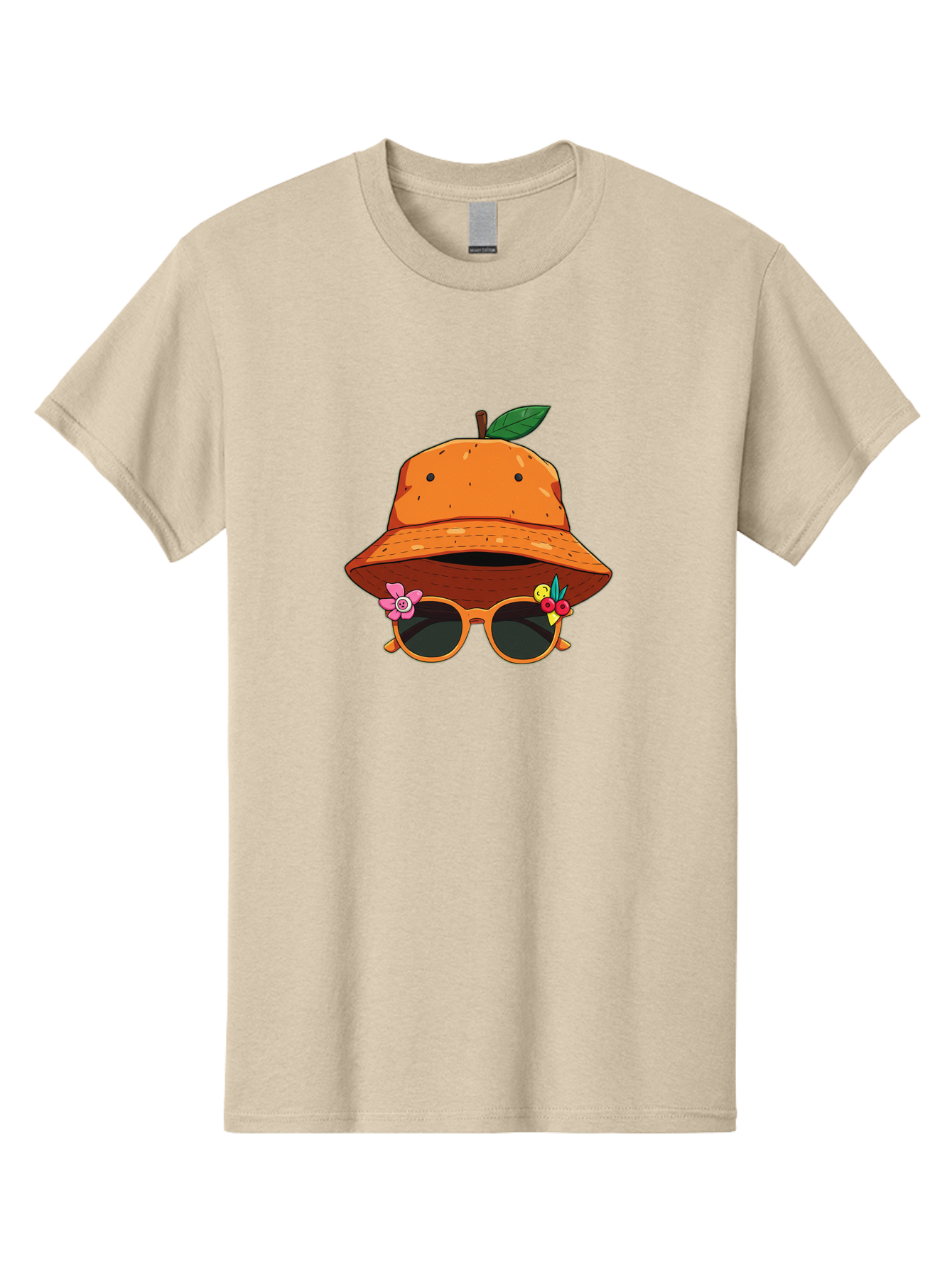 Orange-Hat-Sunglasses Men'S Graphic Tee, 100% Cotton, Comfortable Casual Summer Wear, Machine Washable, Cartoon Orange Character, Orange Bucket Hat, Trendy Sunglasses, Floral Decorations, Playful Vibe, Summer Fashion, Quirky Accessories, Bad387