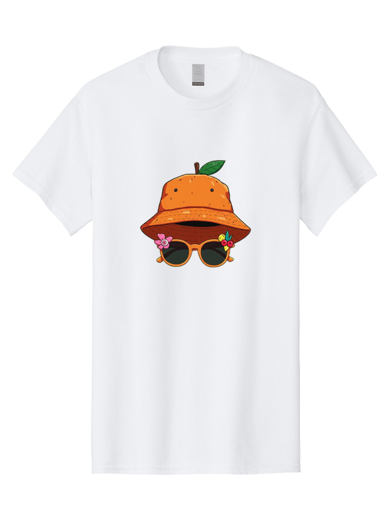 Orange-Hat-Sunglasses Men'S Graphic Tee, 100% Cotton, Comfortable Casual Summer Wear, Machine Washable, Cartoon Orange Character, Orange Bucket Hat, Trendy Sunglasses, Floral Decorations, Playful Vibe, Summer Fashion, Quirky Accessories, Bad387