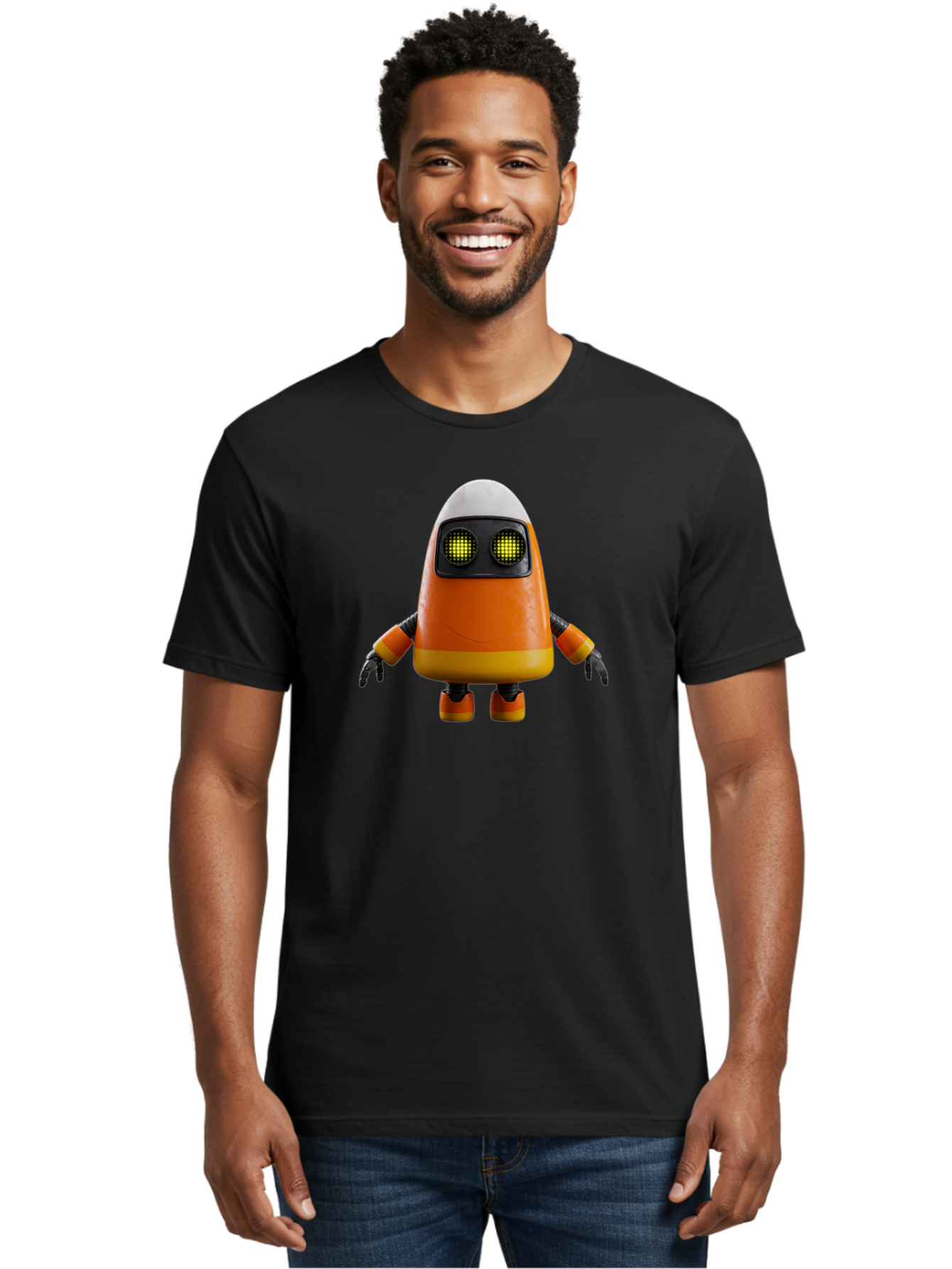 Orange-Robot Men'S Graphic Tee, 100% Cotton, Comfortable Casual Summer Wear, Machine Washable, Orange Robot, Futuristic Design, Robotic Character, Artificial Intelligence, Mechanical Limbs, Glowing Eyes, Digital Artwork, Sci-Fi Theme, Bad388
