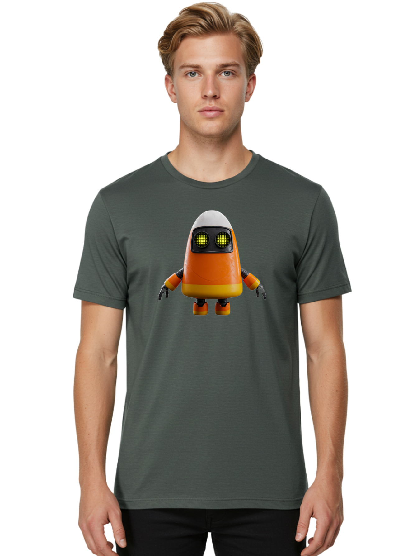 Orange-Robot Men'S Graphic Tee, 100% Cotton, Comfortable Casual Summer Wear, Machine Washable, Orange Robot, Futuristic Design, Robotic Character, Artificial Intelligence, Mechanical Limbs, Glowing Eyes, Digital Artwork, Sci-Fi Theme, Bad388