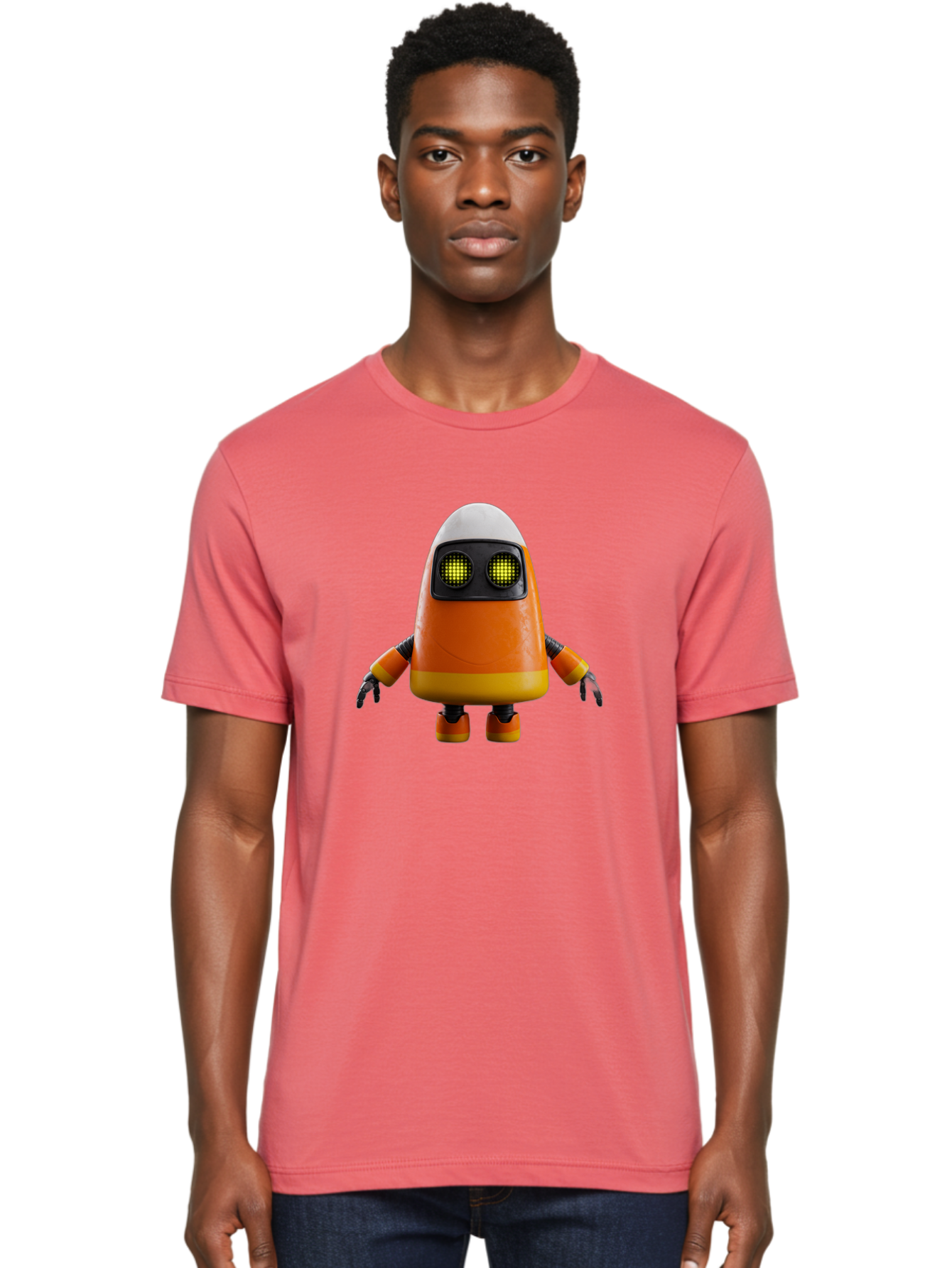 Orange-Robot Men'S Graphic Tee, 100% Cotton, Comfortable Casual Summer Wear, Machine Washable, Orange Robot, Futuristic Design, Robotic Character, Artificial Intelligence, Mechanical Limbs, Glowing Eyes, Digital Artwork, Sci-Fi Theme, Bad388