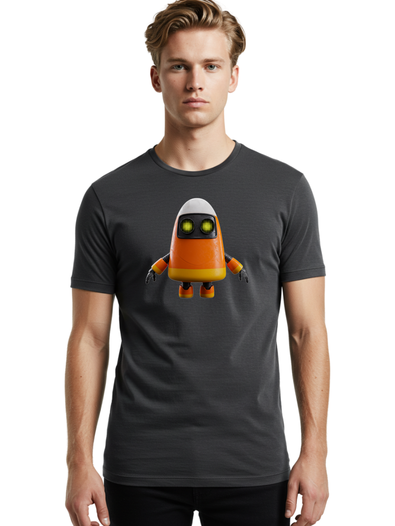 Orange-Robot Men'S Graphic Tee, 100% Cotton, Comfortable Casual Summer Wear, Machine Washable, Orange Robot, Futuristic Design, Robotic Character, Artificial Intelligence, Mechanical Limbs, Glowing Eyes, Digital Artwork, Sci-Fi Theme, Bad388