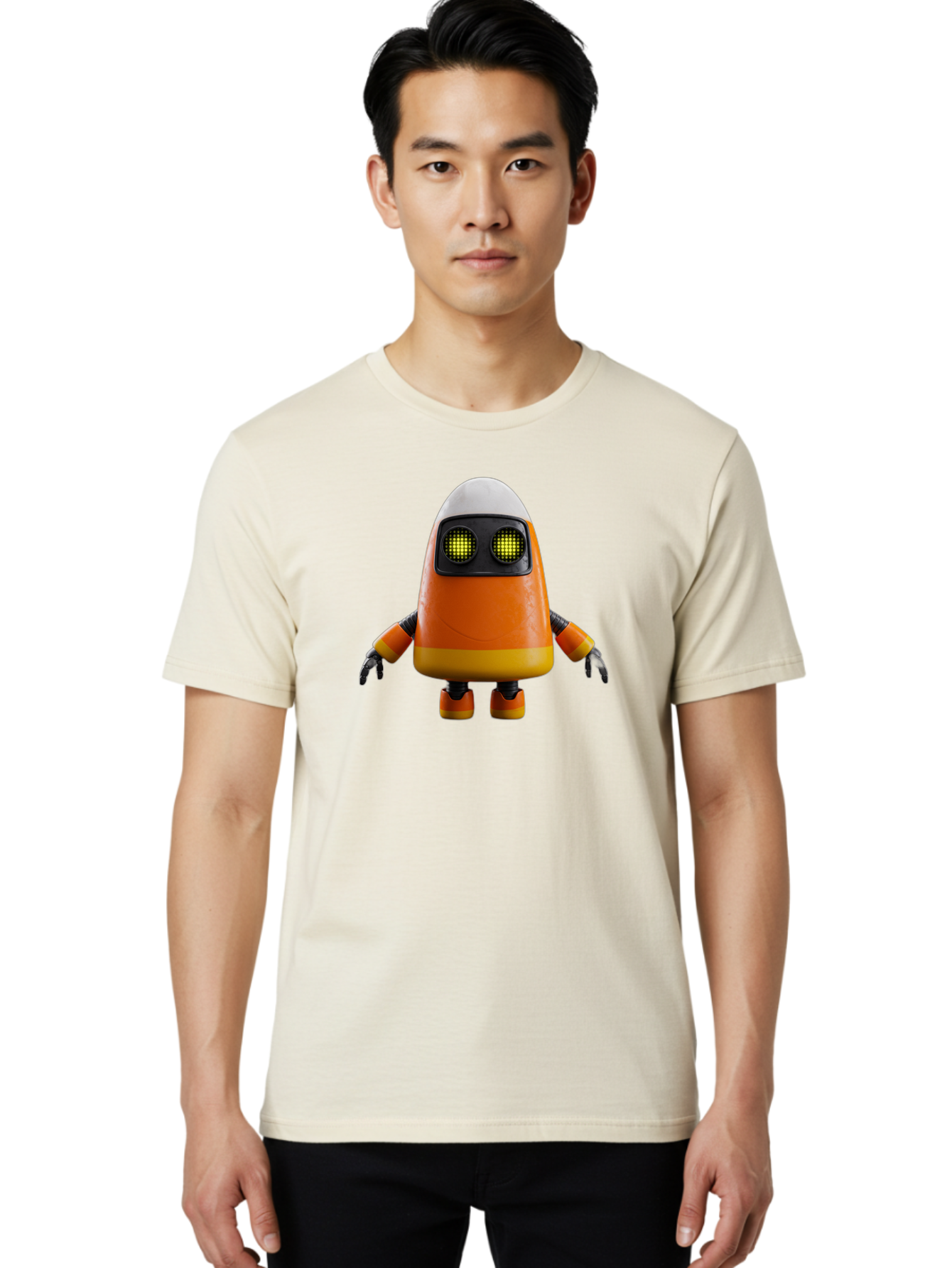 Orange-Robot Men'S Graphic Tee, 100% Cotton, Comfortable Casual Summer Wear, Machine Washable, Orange Robot, Futuristic Design, Robotic Character, Artificial Intelligence, Mechanical Limbs, Glowing Eyes, Digital Artwork, Sci-Fi Theme, Bad388
